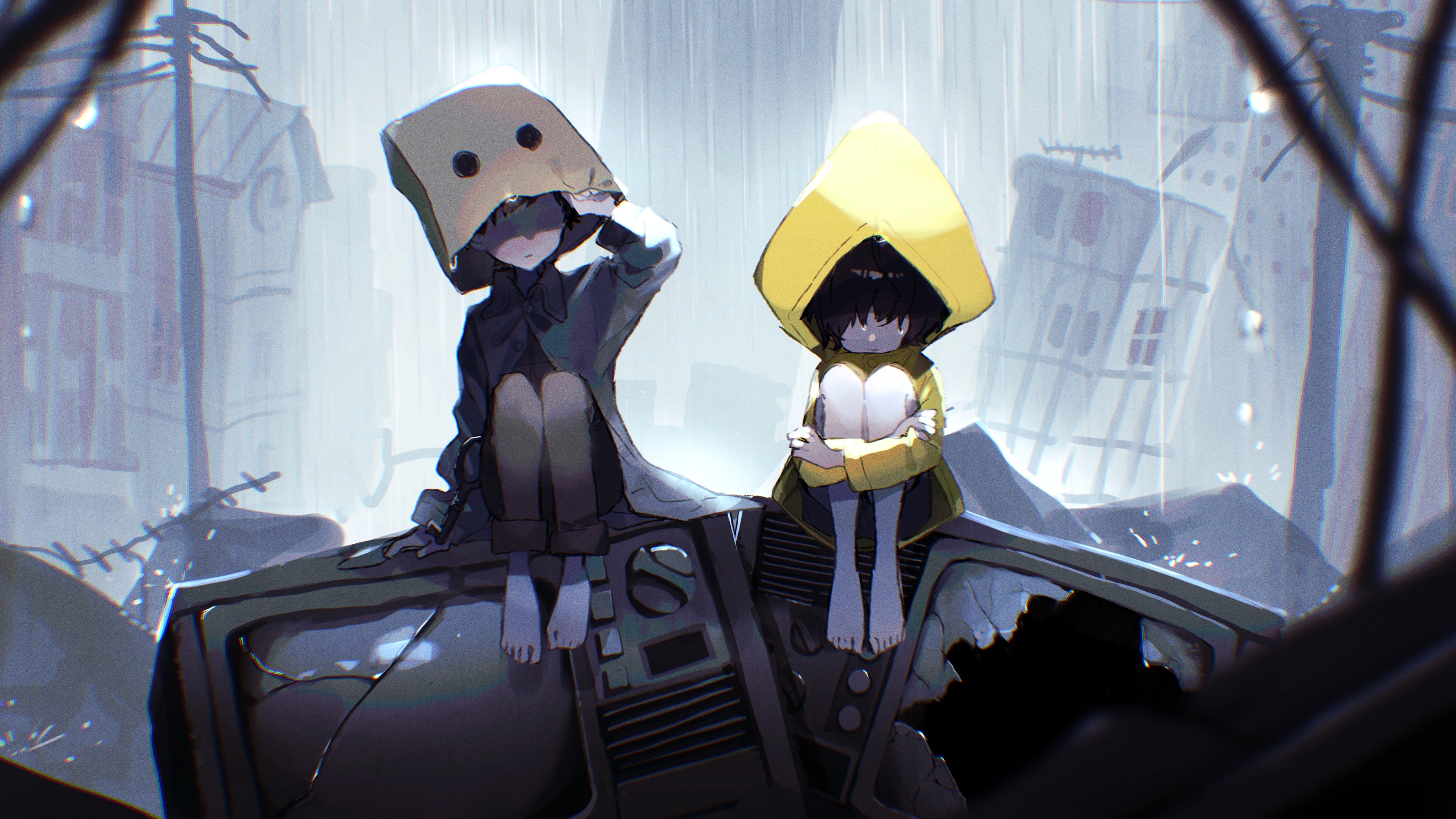 Six and Mono from Little Nightmares 2 in the rain HD Wallpaper