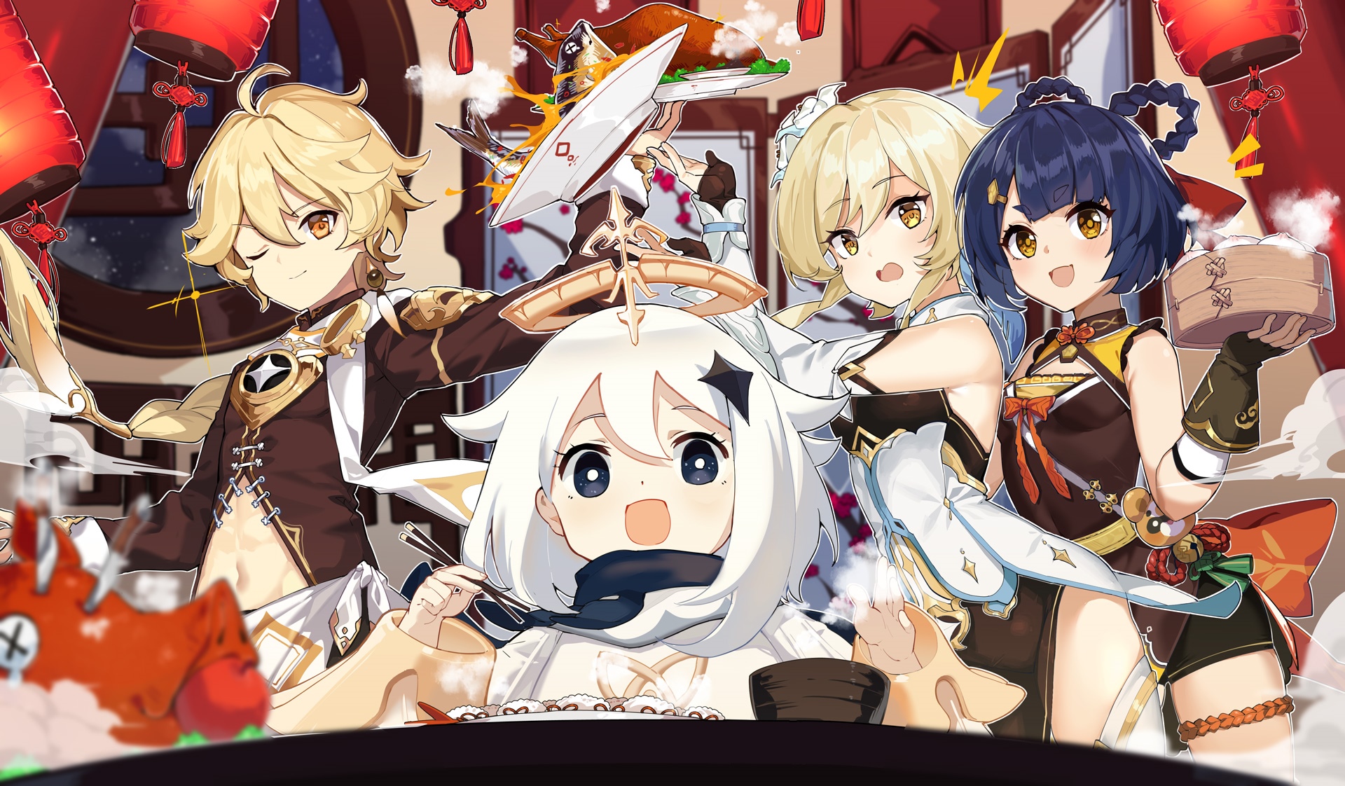 Genshin Impact characters Aether, Lumine, Xiangling, and Paimon enjoy a meal HD Wallpaper