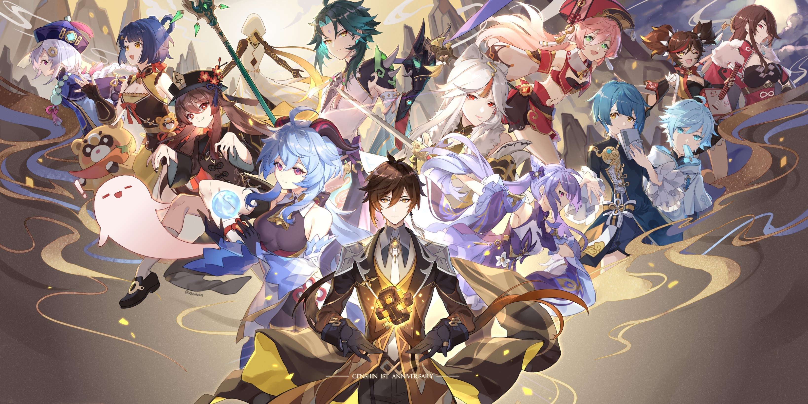 Genshin Impact characters gathered for anniversary celebration HD Wallpaper