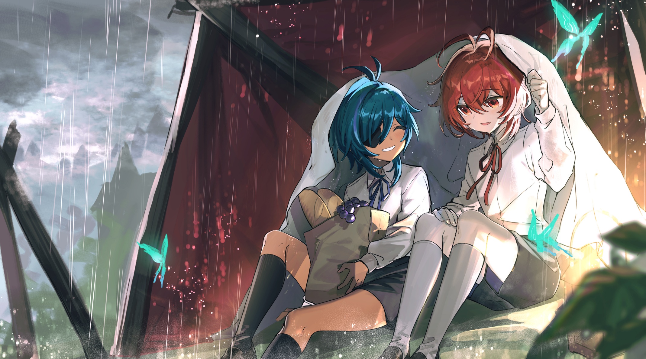 Genshin Impact: Kaeya and Diluc sheltering from rain HD Wallpaper