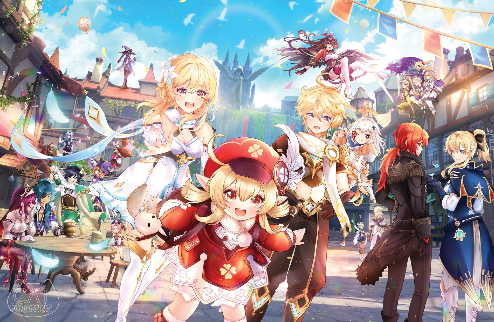 Genshin Impact characters celebrating in Mondstadt HD Wallpaper