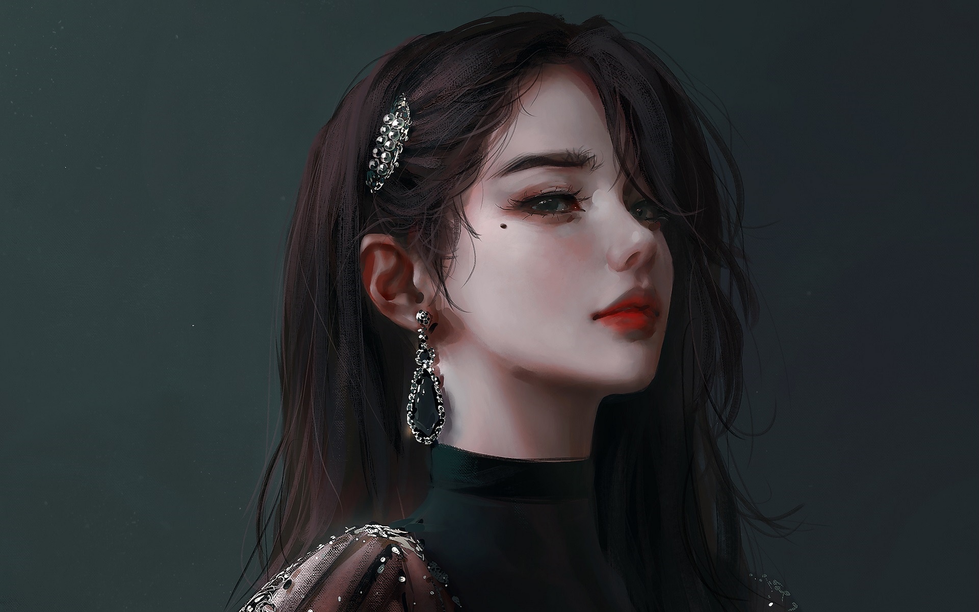 Artwork of a woman with dark hair and red lipstick HD Wallpaper