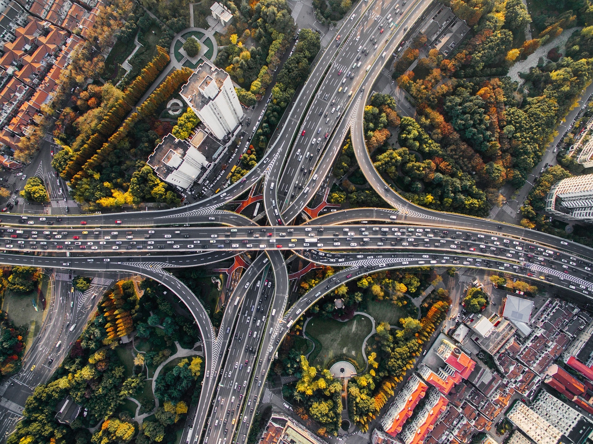 Aerial view of Shanghai highway interchange with heavy traffic HD Wallpaper