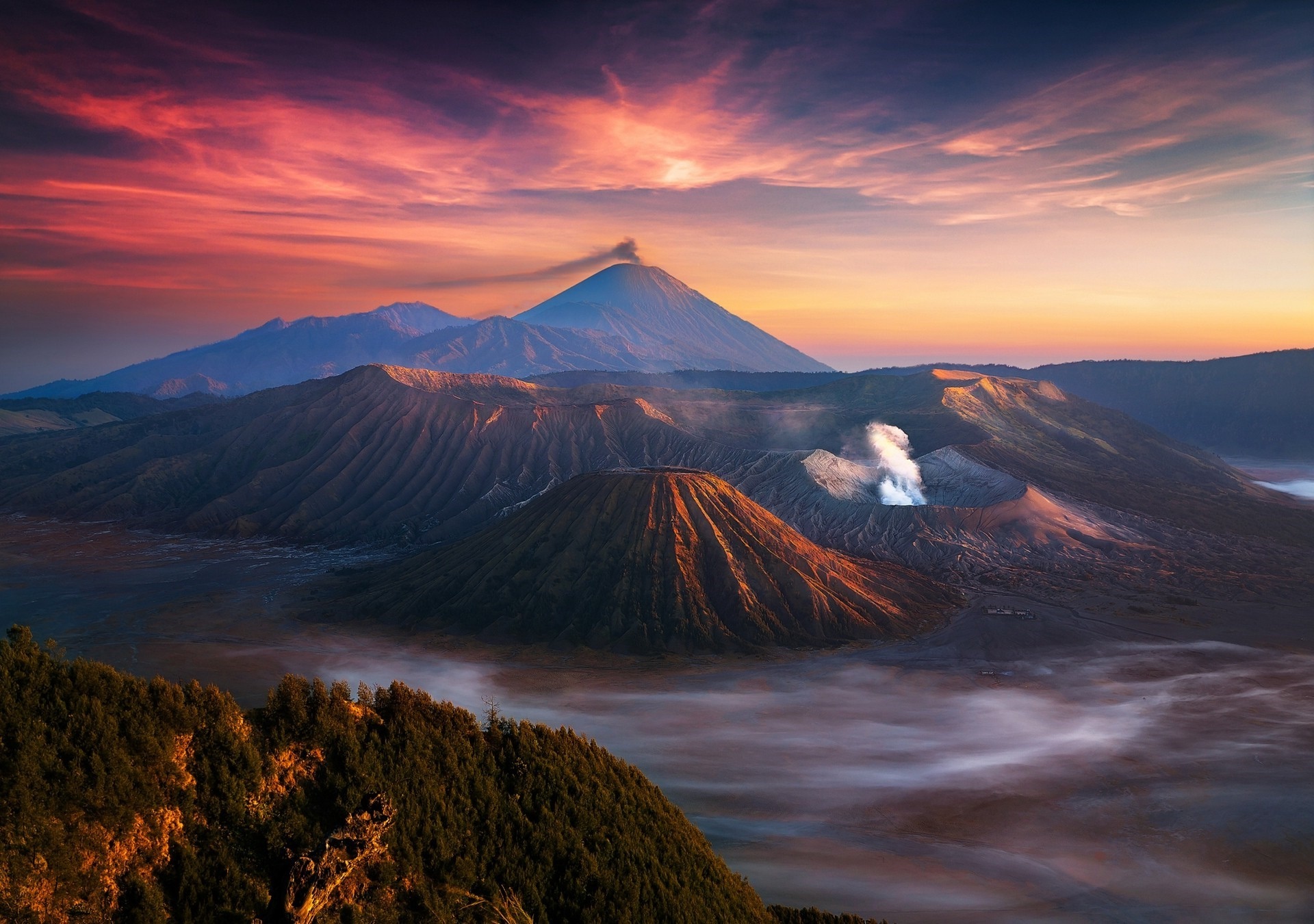 Bromo volcano landscape at sunrise with colorful sky HD Wallpaper