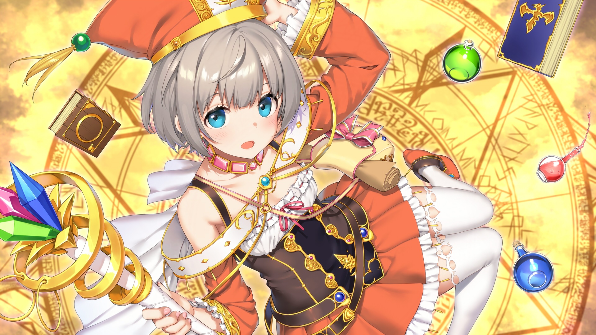 Anime girl with magic staff and spellbook HD Wallpaper