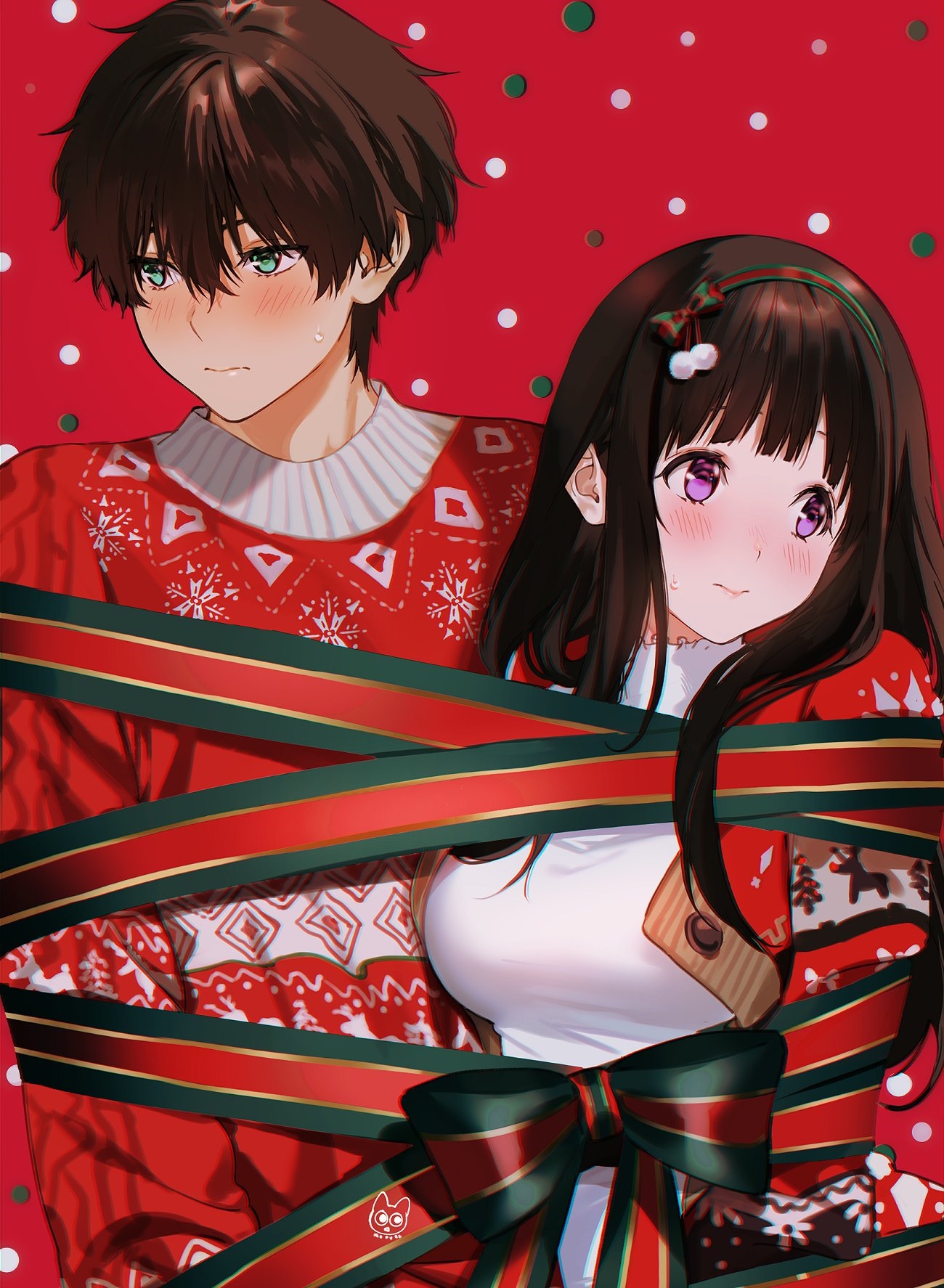 Chitanda Eru and Houtarou Oreki in Christmas Sweaters HD Phone Wallpaper