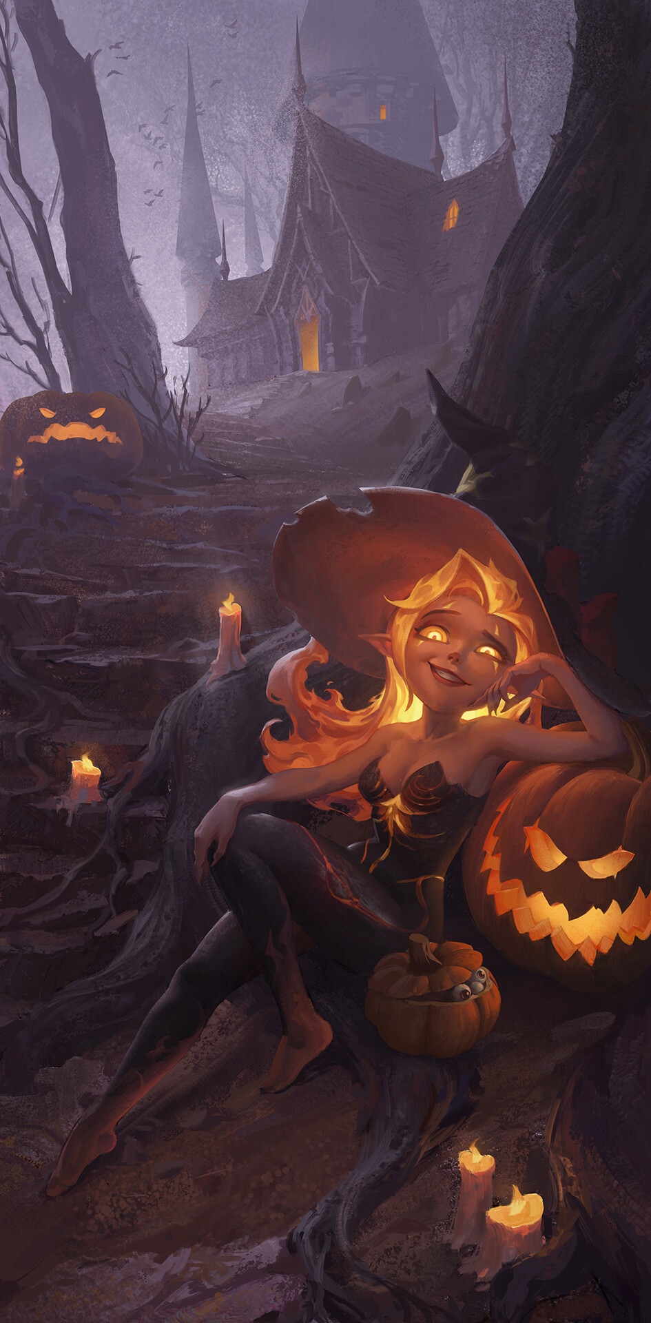 Fantasy girl with glowing eyes and pumpkins on Halloween HD Phone Wallpaper