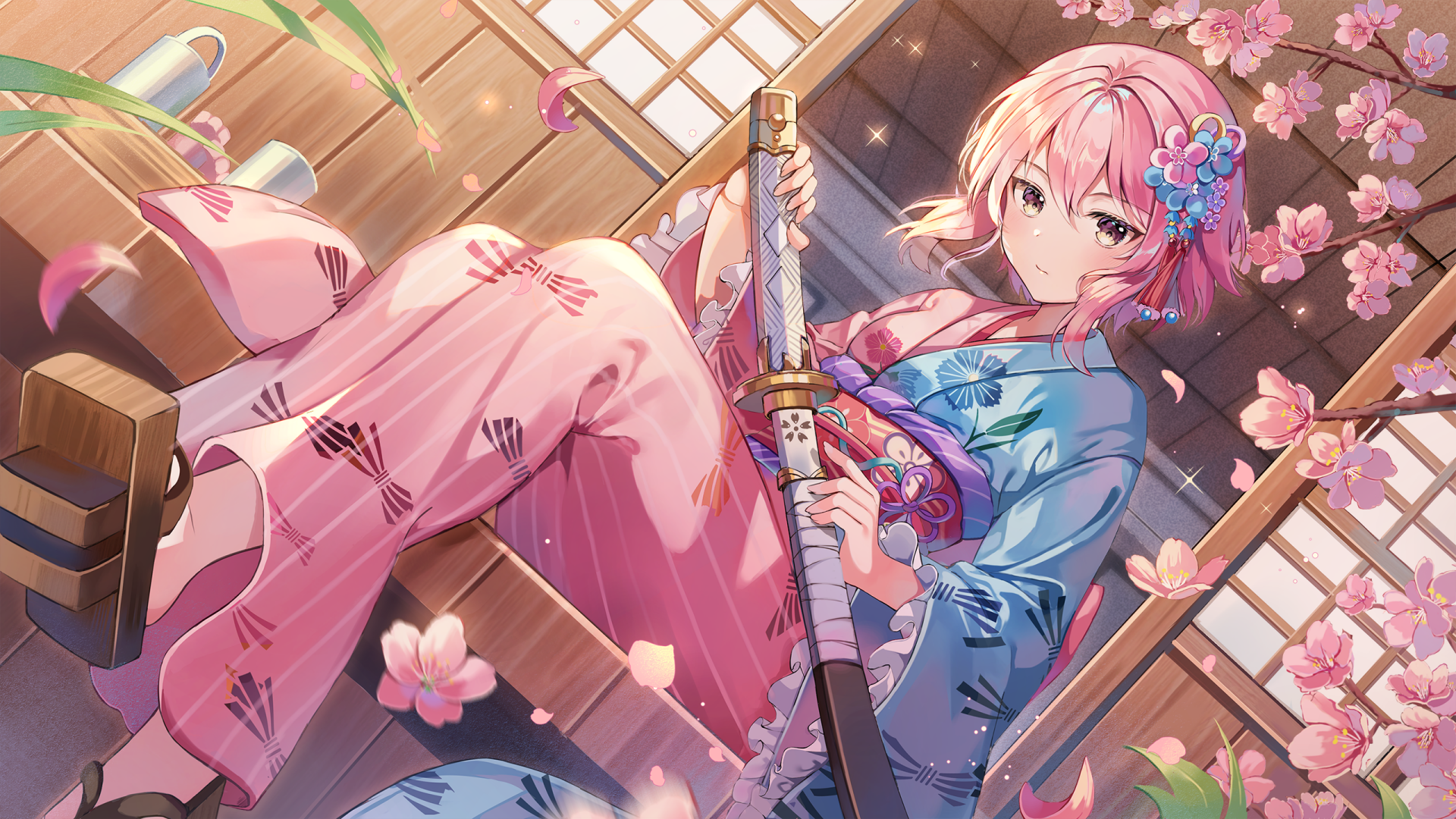 Girl with pink hair and katana in kimono with cherry blossoms HD Wallpaper