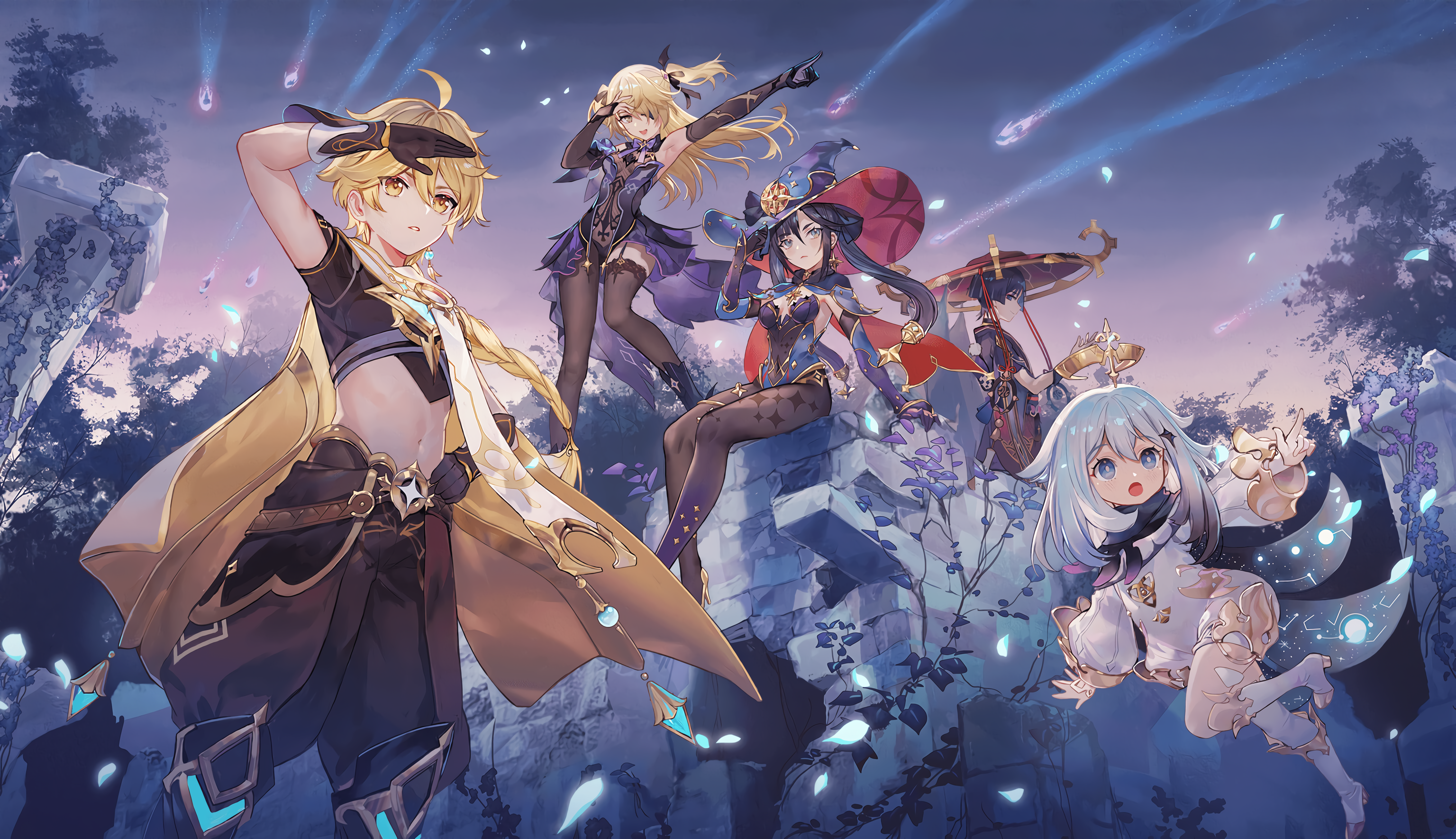 Genshin Impact: Aether, Fischl, Mona, Scaramouche, and Paimon HD Wallpaper
