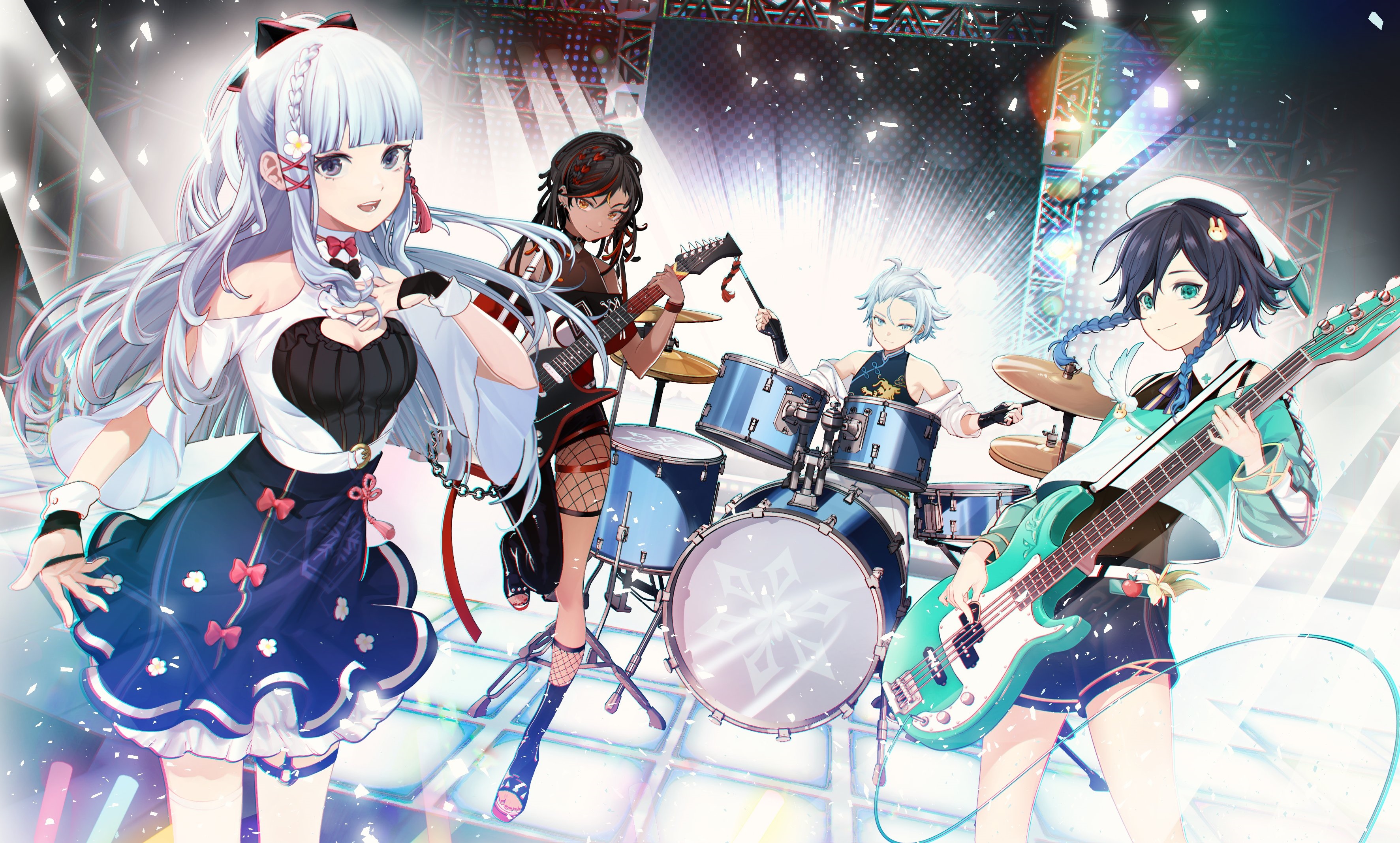 Genshin Impact: Ayaka, Xinyan, Chongyun, and Venti in a band HD Wallpaper