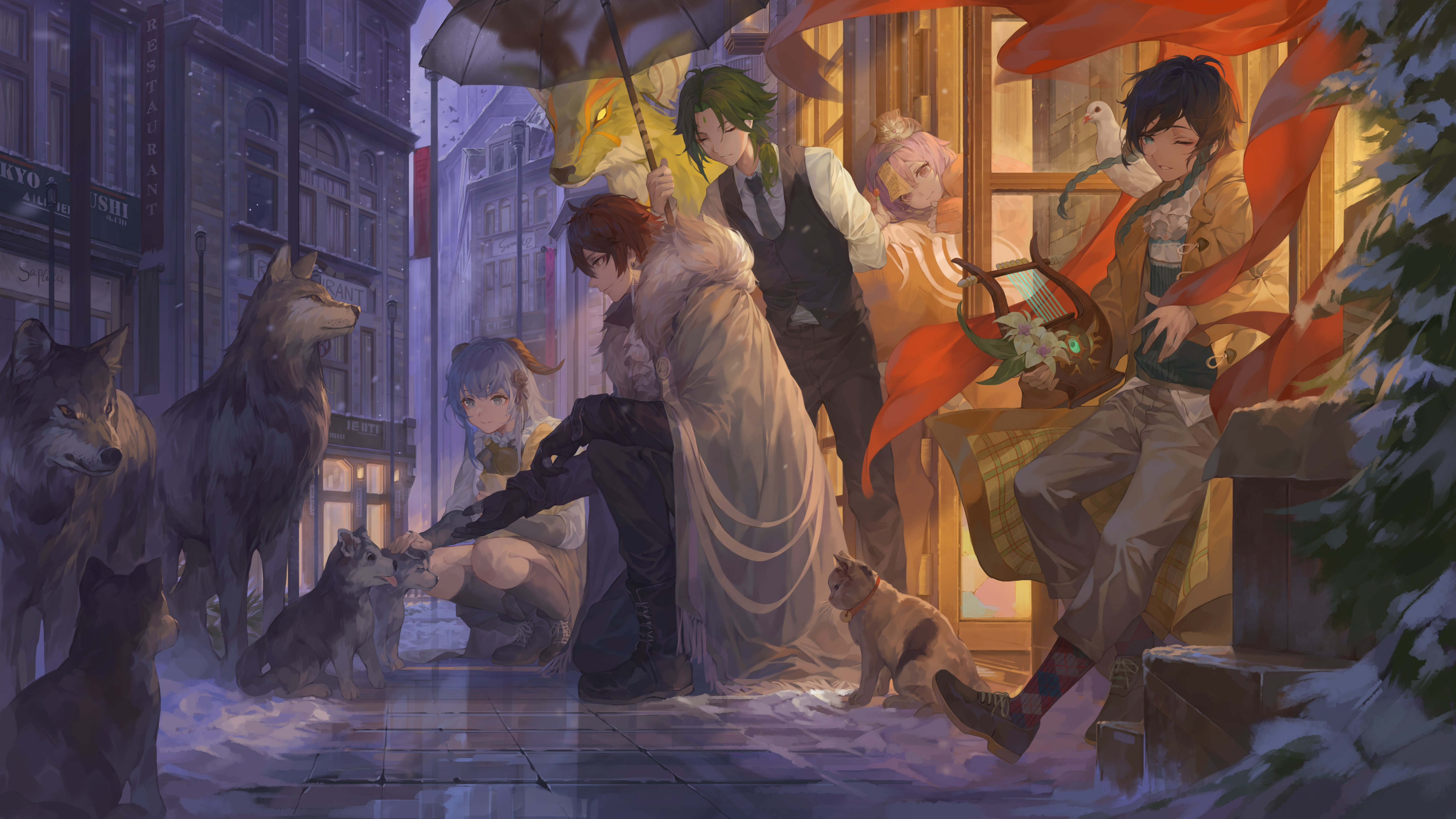 Genshin Impact characters with wolves and cats in winter HD Wallpaper
