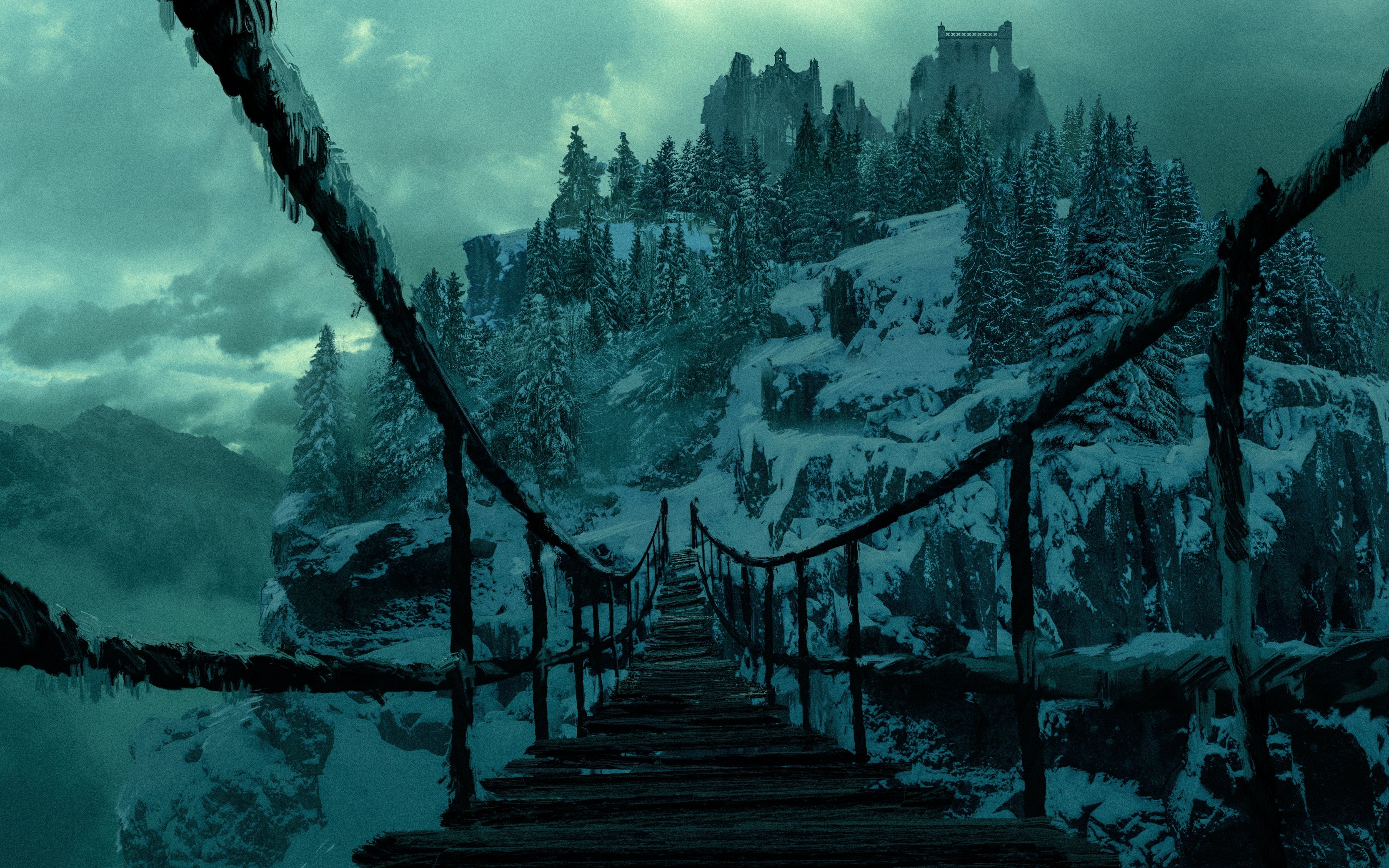 Dark Souls Artwork of a Snowy Mountain Bridge HD Wallpaper