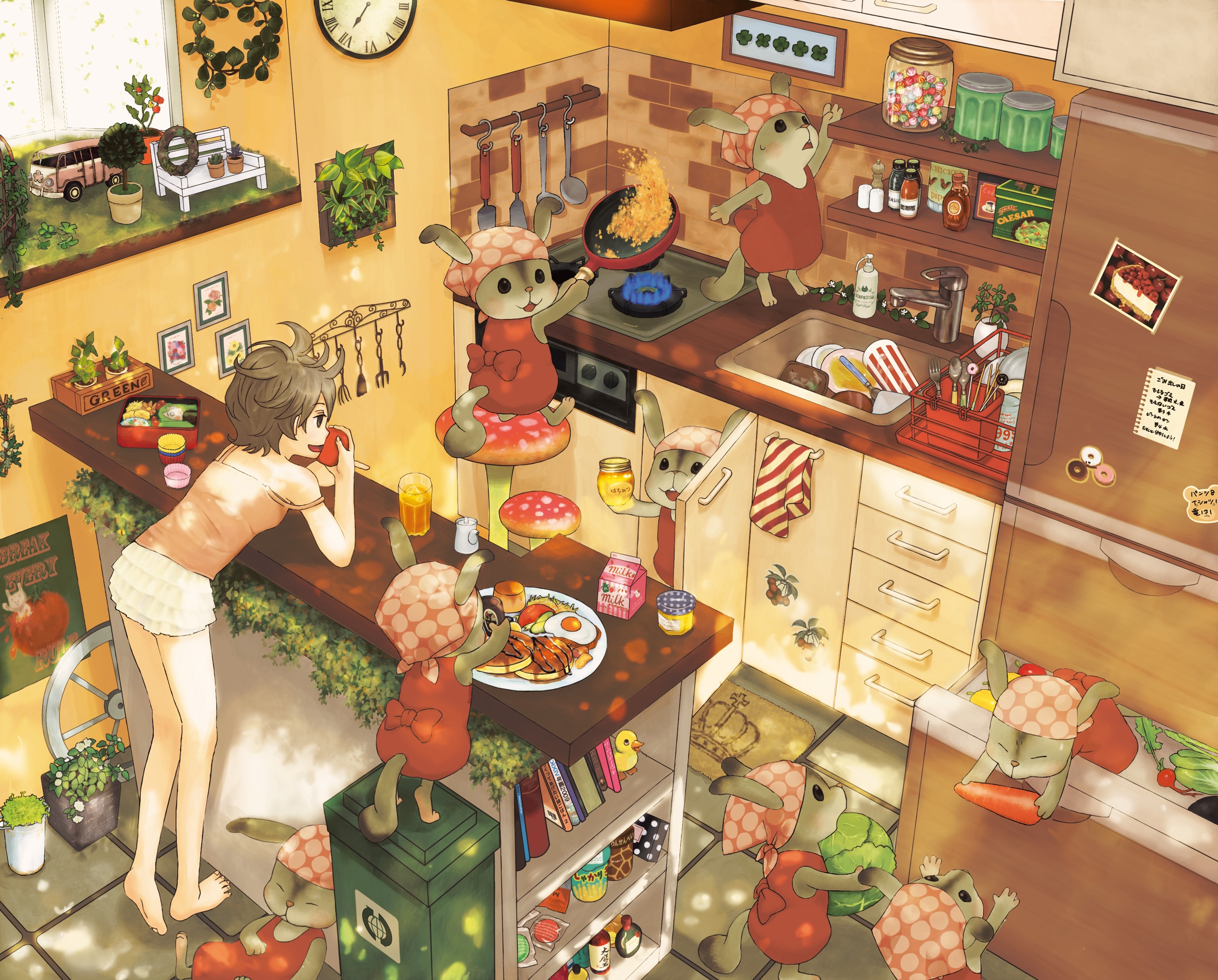Anime kitchen scene with bunnies and a girl HD Wallpaper