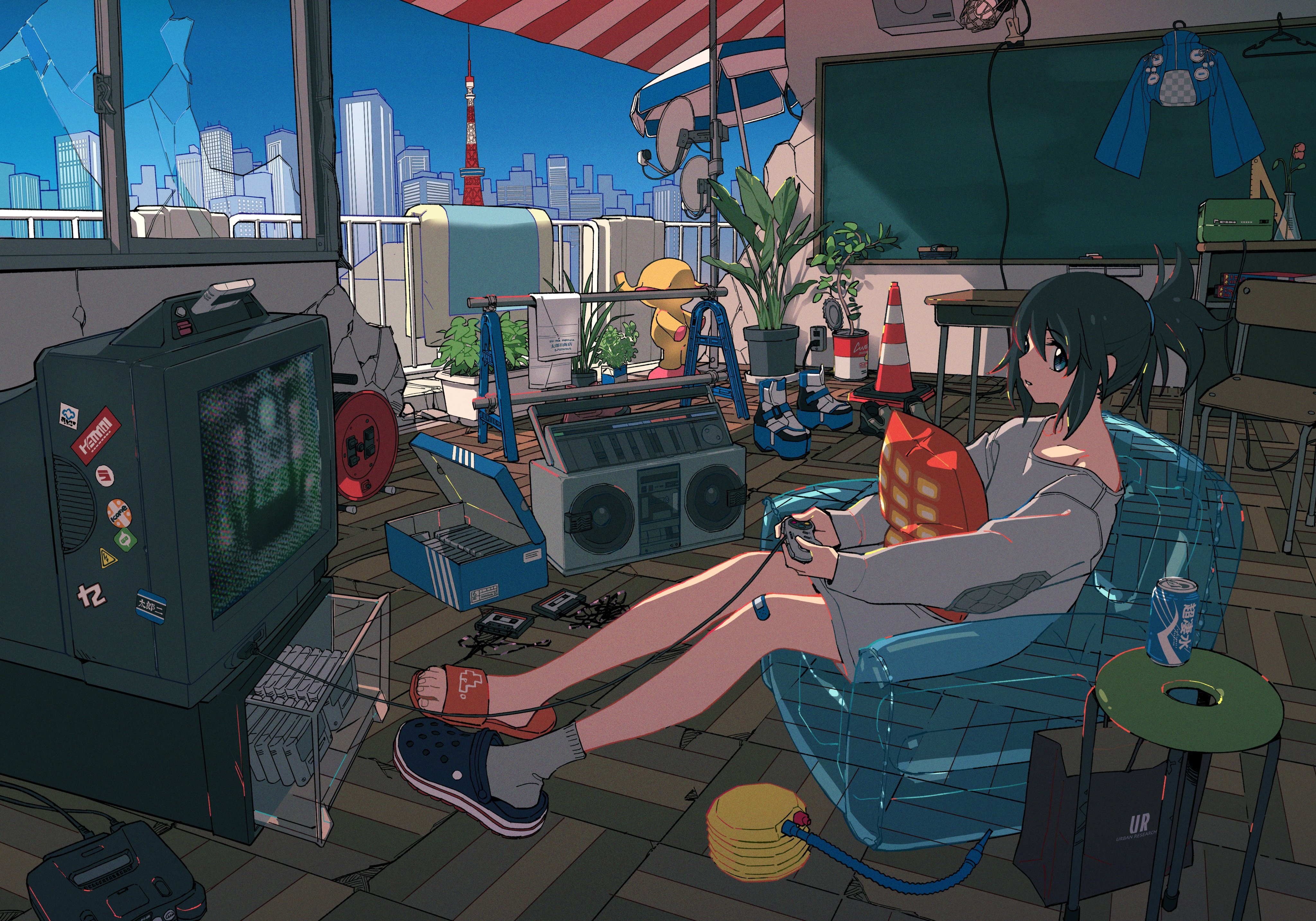 Girl playing video games on a balcony in Tokyo HD Wallpaper