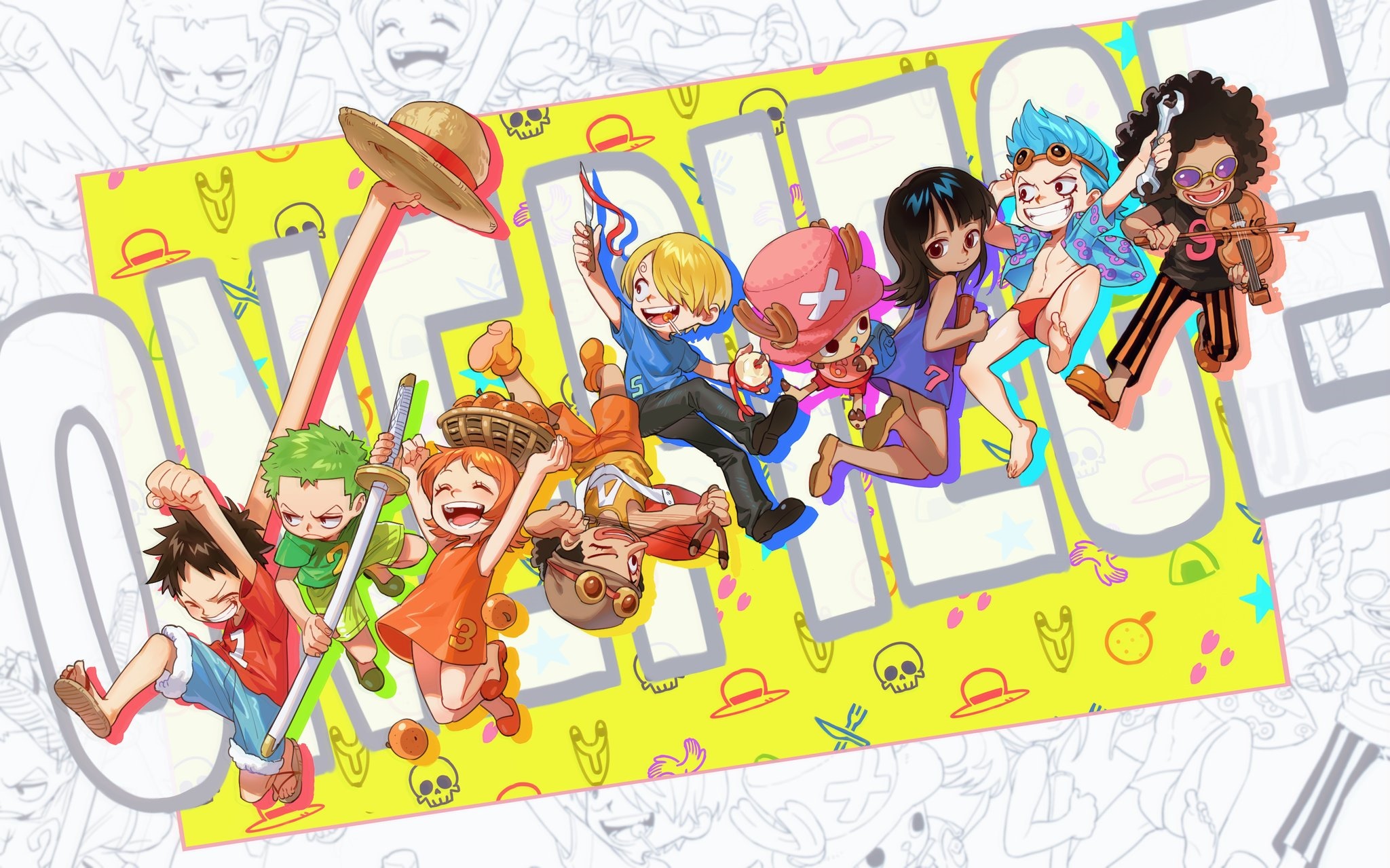 One Piece Characters on a Yellow Background HD Wallpaper