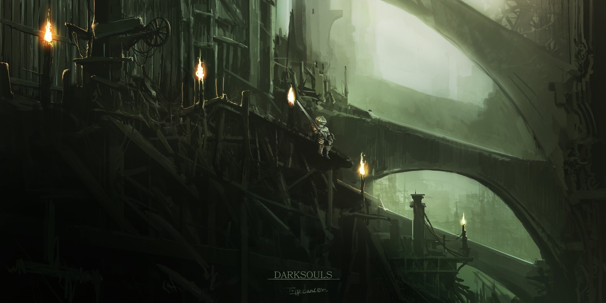 Dark Souls artwork of a knight on a wooden structure HD Wallpaper