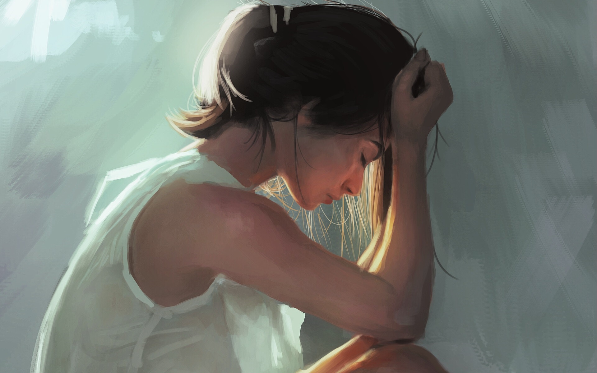 Painting of a woman with her head down HD Wallpaper