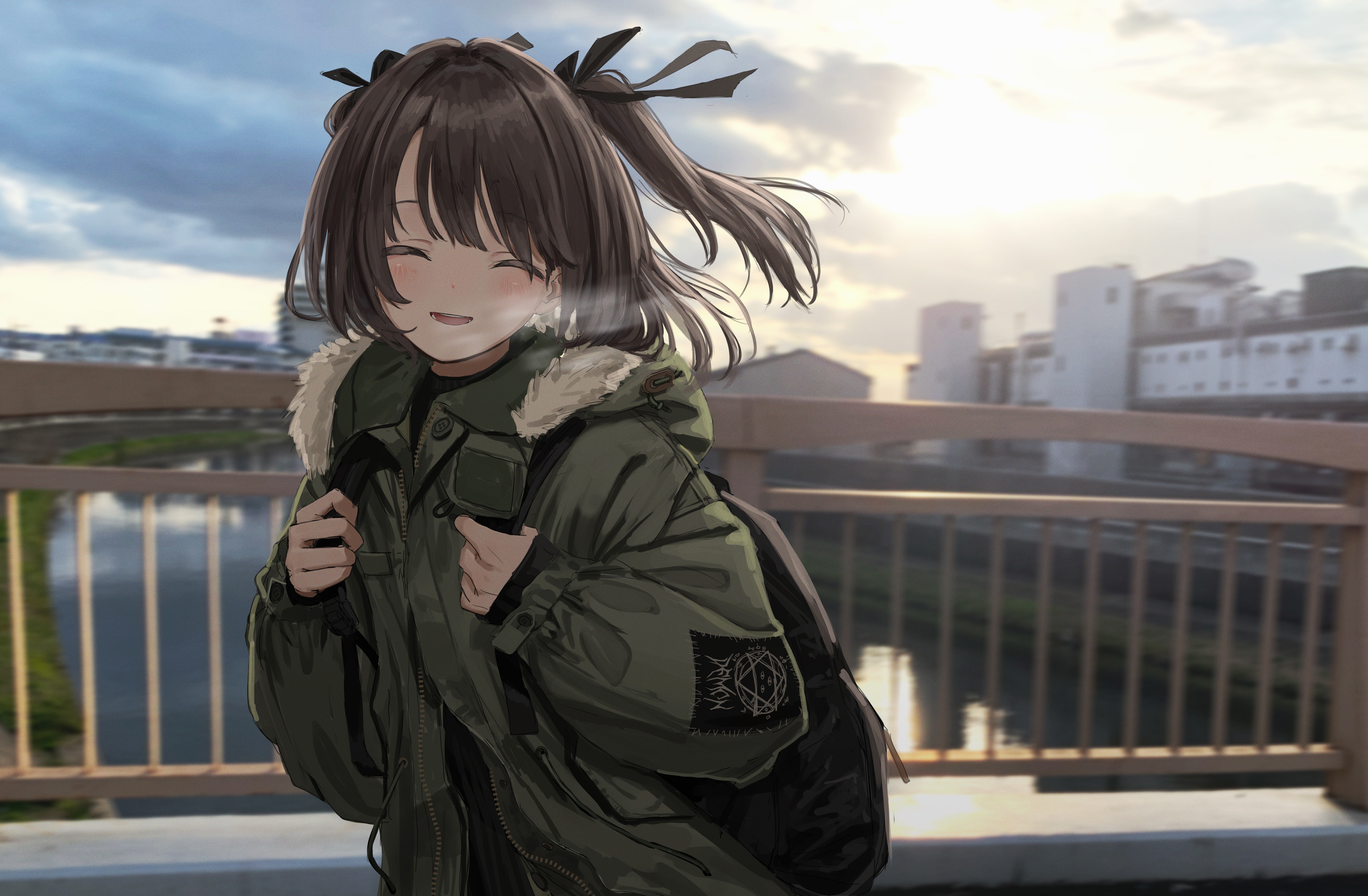 Anime girl with twintails smiling on a bridge HD Wallpaper