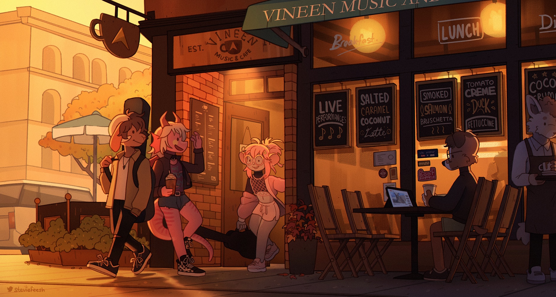 Anthro characters at Vineen Music & Cafe during sunset HD Wallpaper