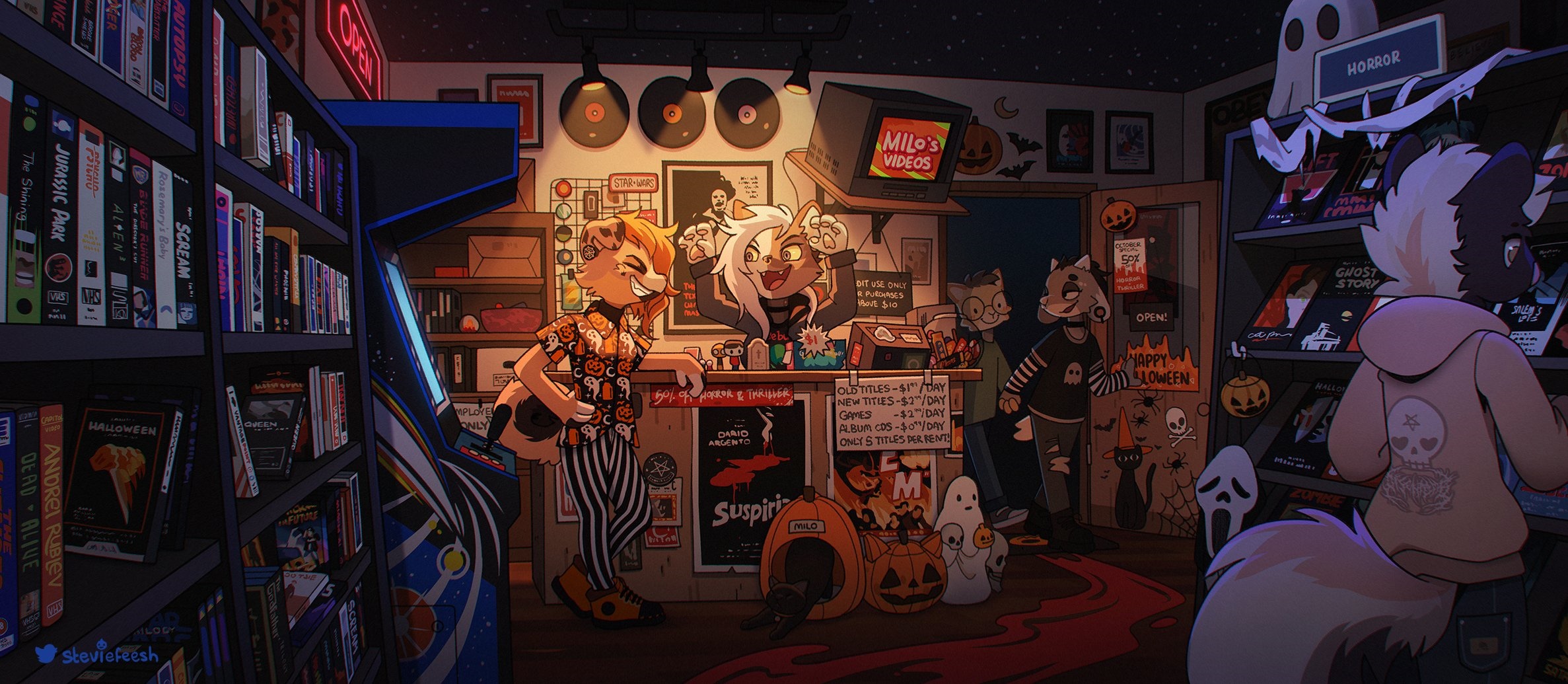 Anthro characters in a Halloween-themed video store HD Wallpaper