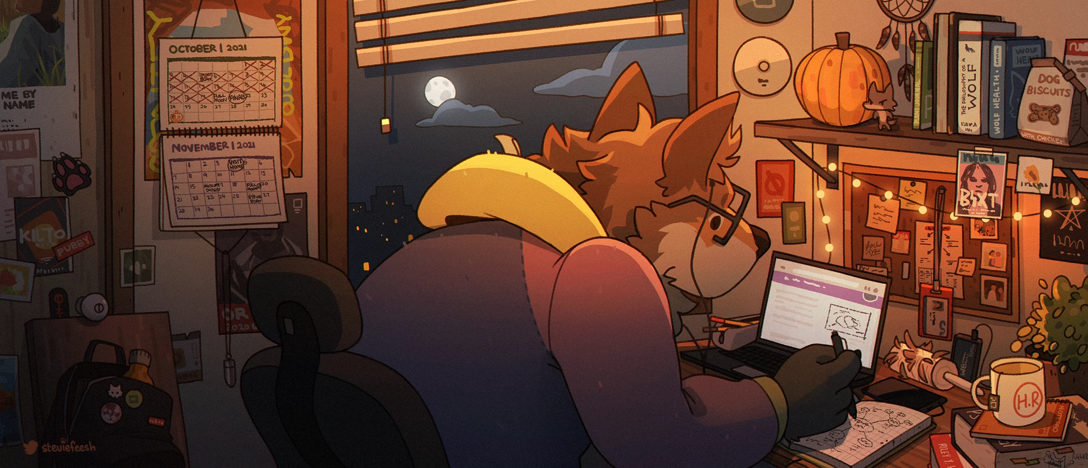 Wolf studying at a desk with fairy lights HD Wallpaper