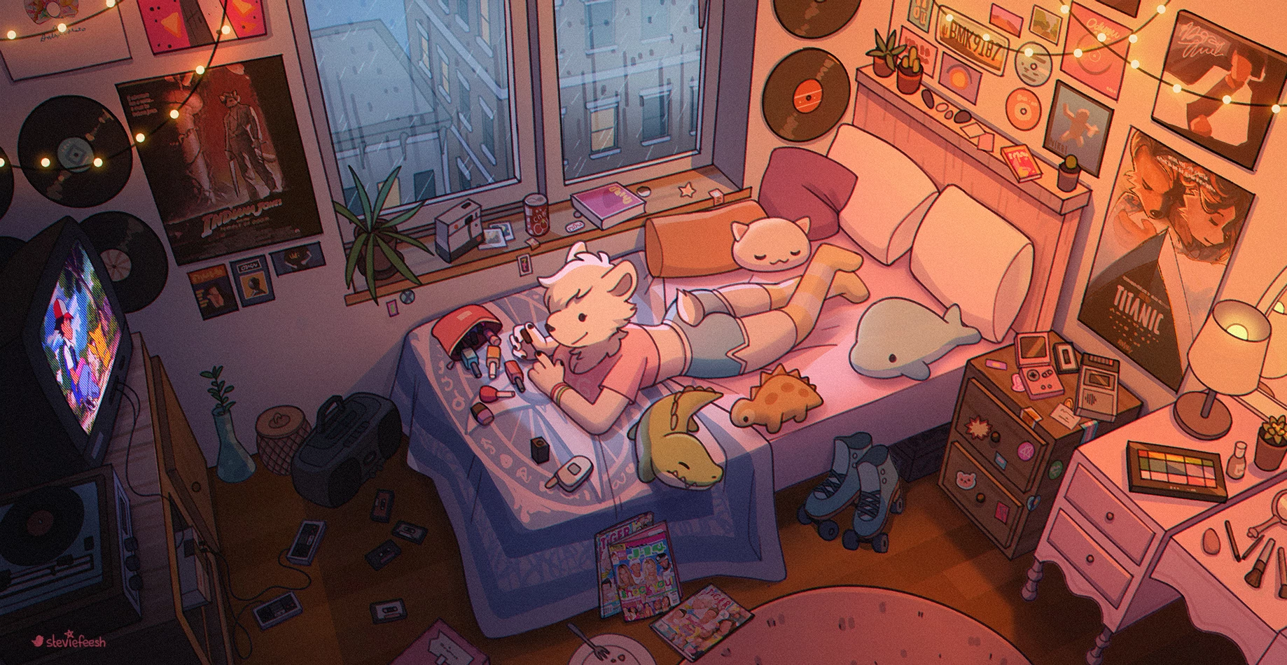 Anthro character painting nails in a cozy bedroom HD Wallpaper
