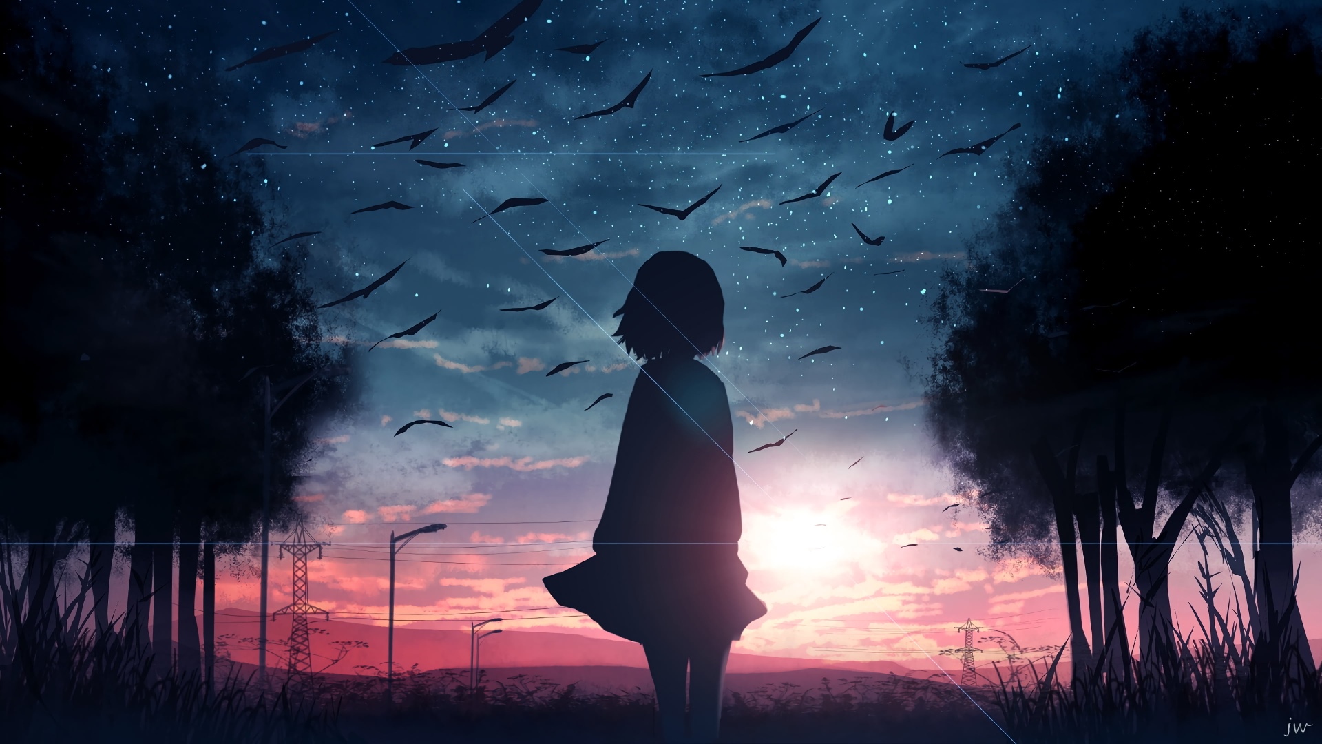 Silhouette of a girl with birds flying at sunset HD Wallpaper