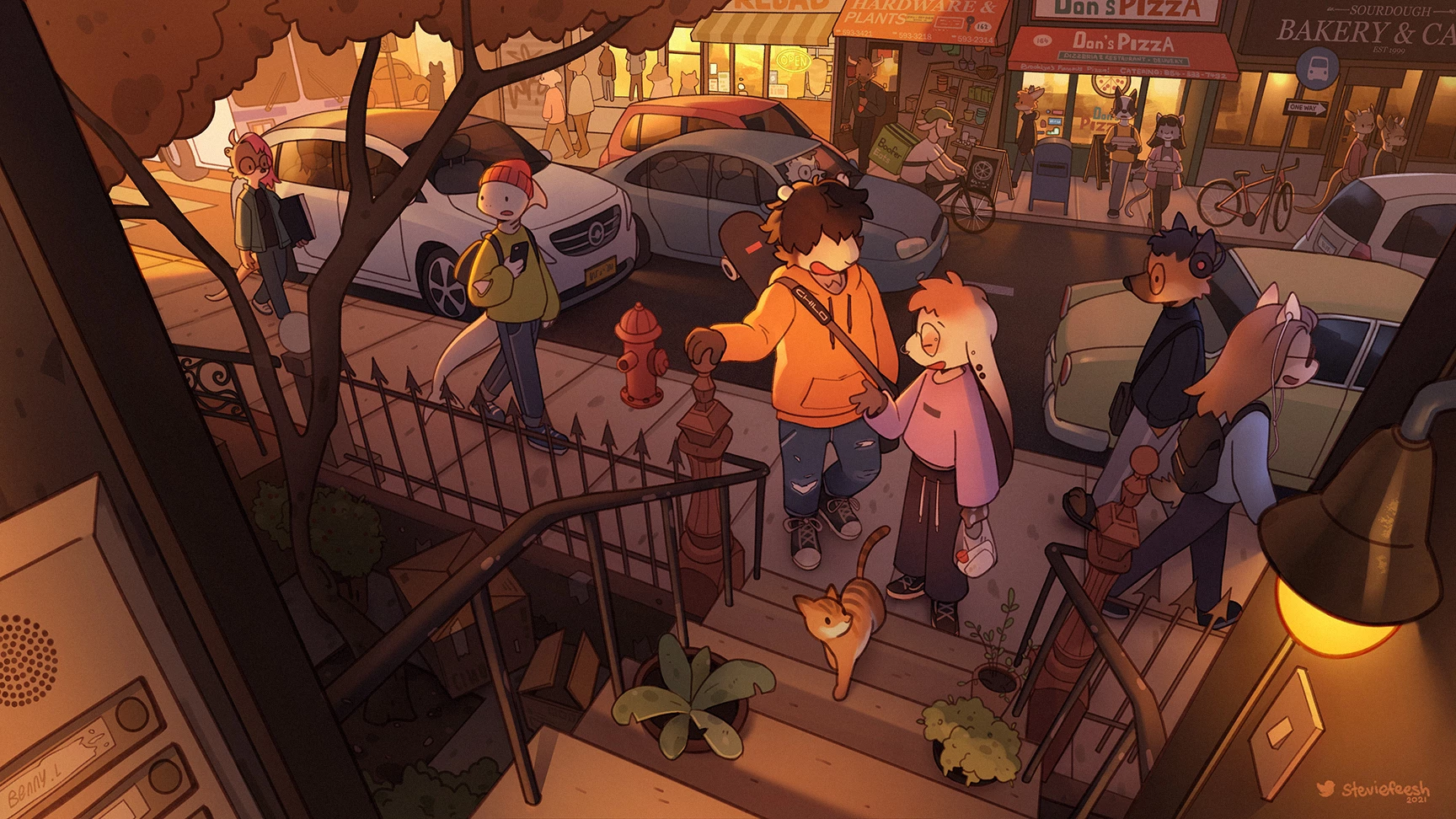Anthropomorphic characters on a city street at sunset HD Wallpaper