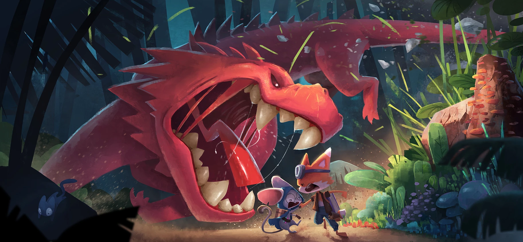 Red dragon attacks a fox and a mouse in a forest HD Wallpaper