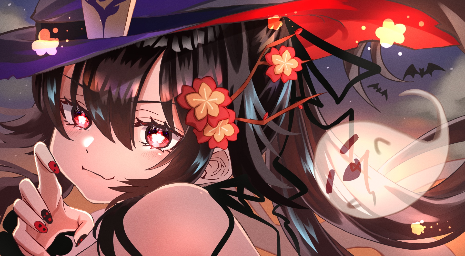 Hu Tao from Genshin Impact with a ghost HD Wallpaper