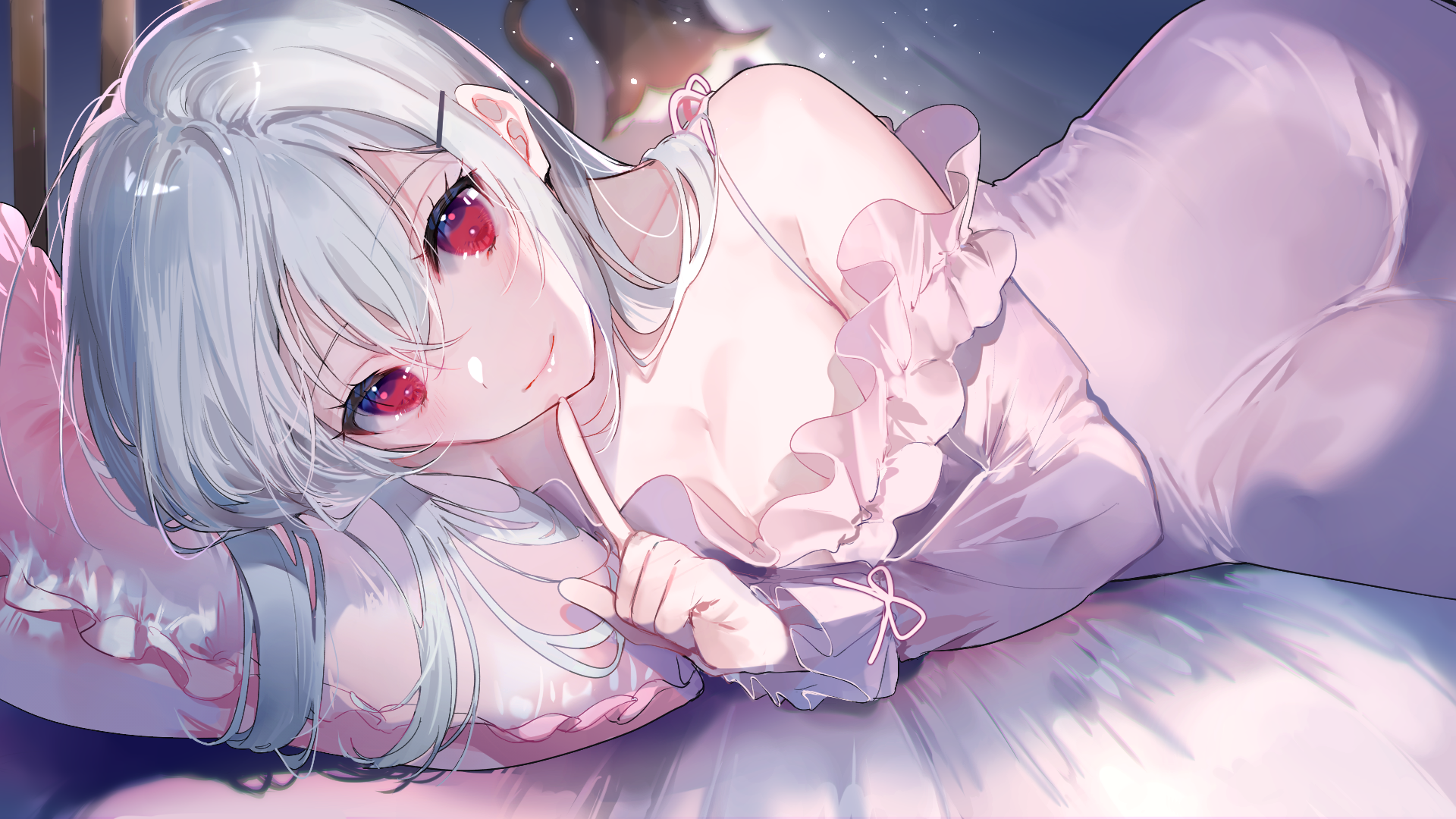 Anime girl with white hair lying in bed HD Wallpaper