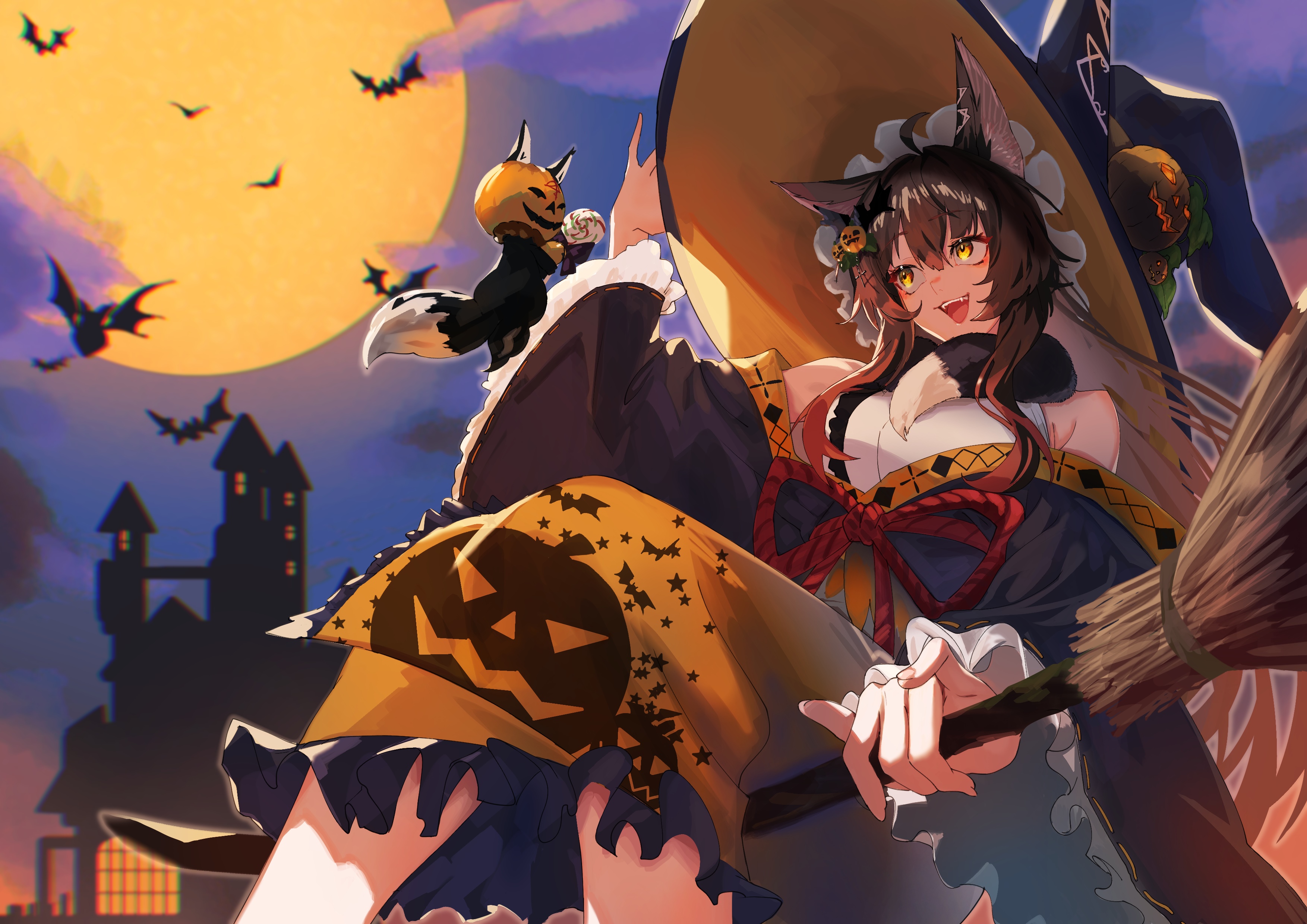 Anime witch with fox companion on Halloween night HD Wallpaper