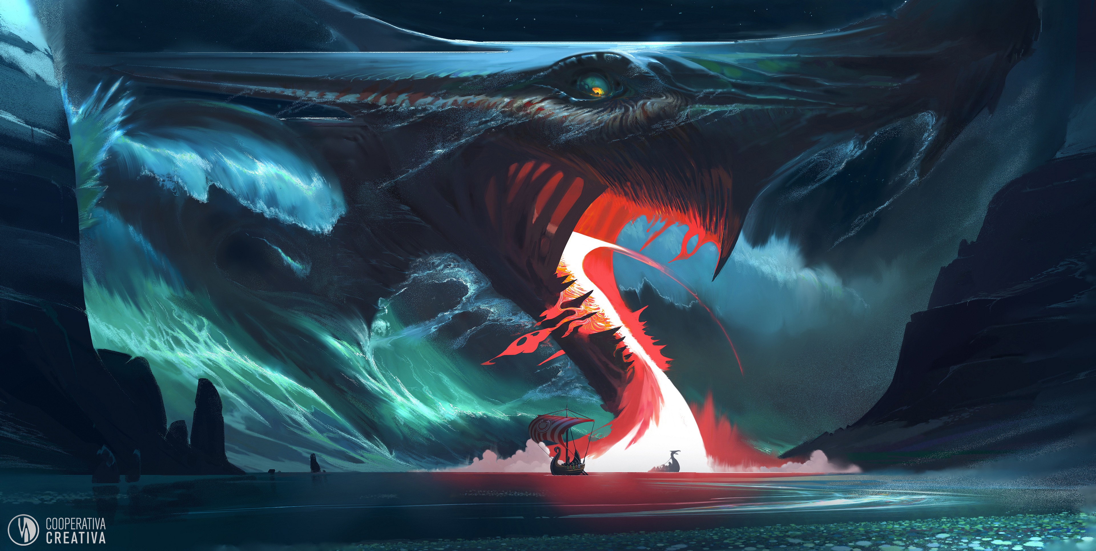 4K Fantasy Art of a Dragon and Viking Ships HD Wallpaper