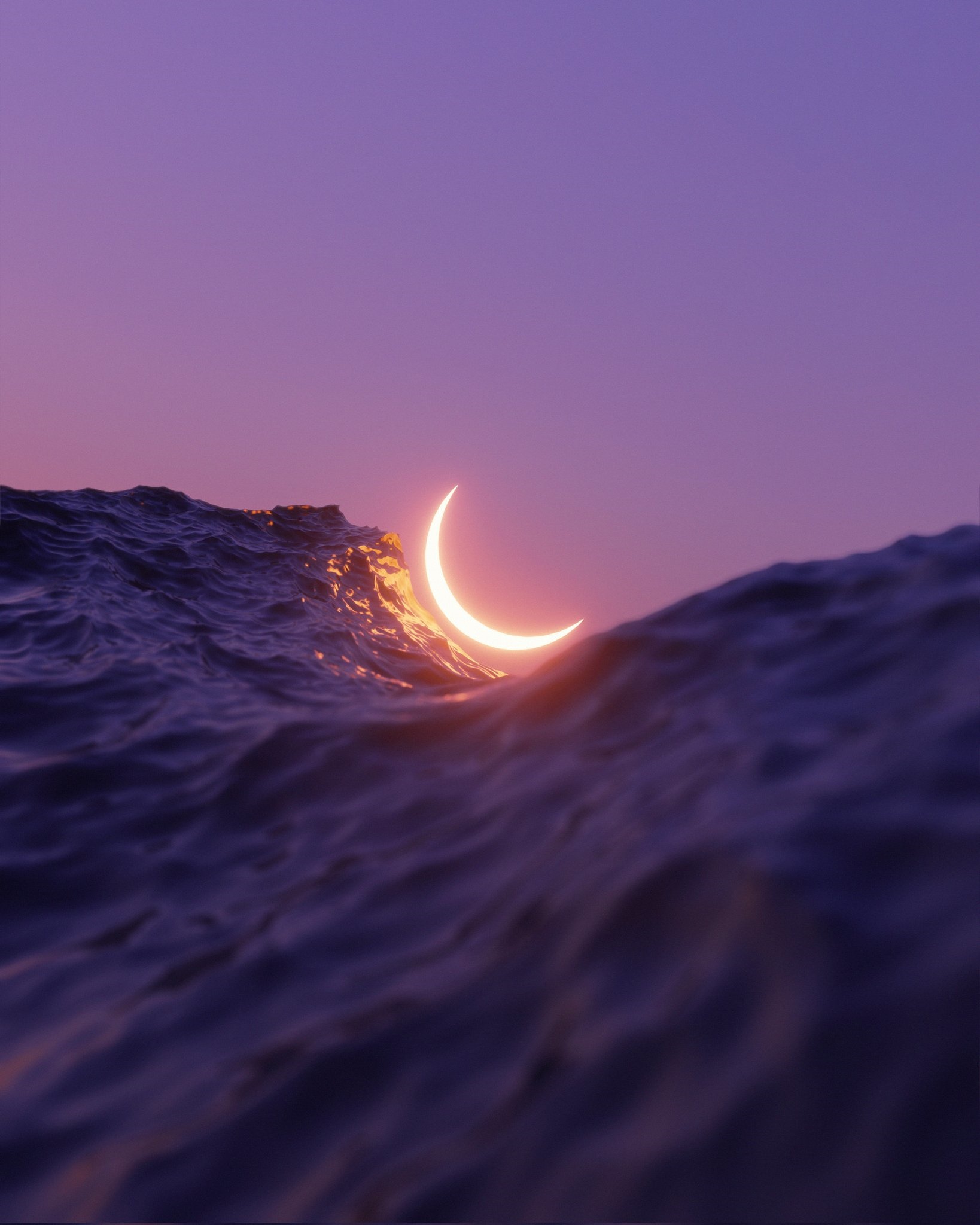Crescent Moon Rising Over Ocean Waves HD Phone Wallpaper
