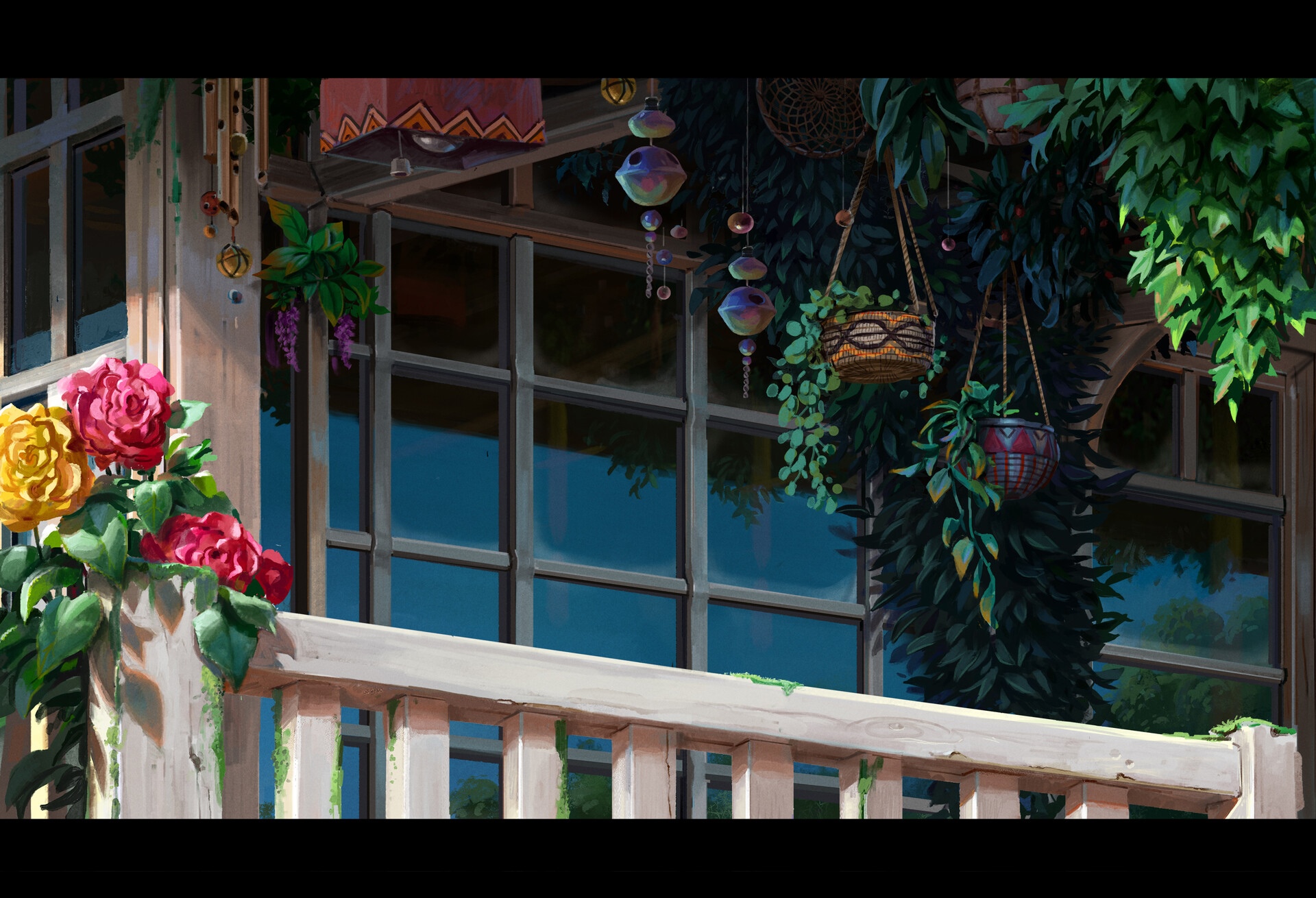 Balcony with flowers, wind chimes, and hanging plants HD Wallpaper