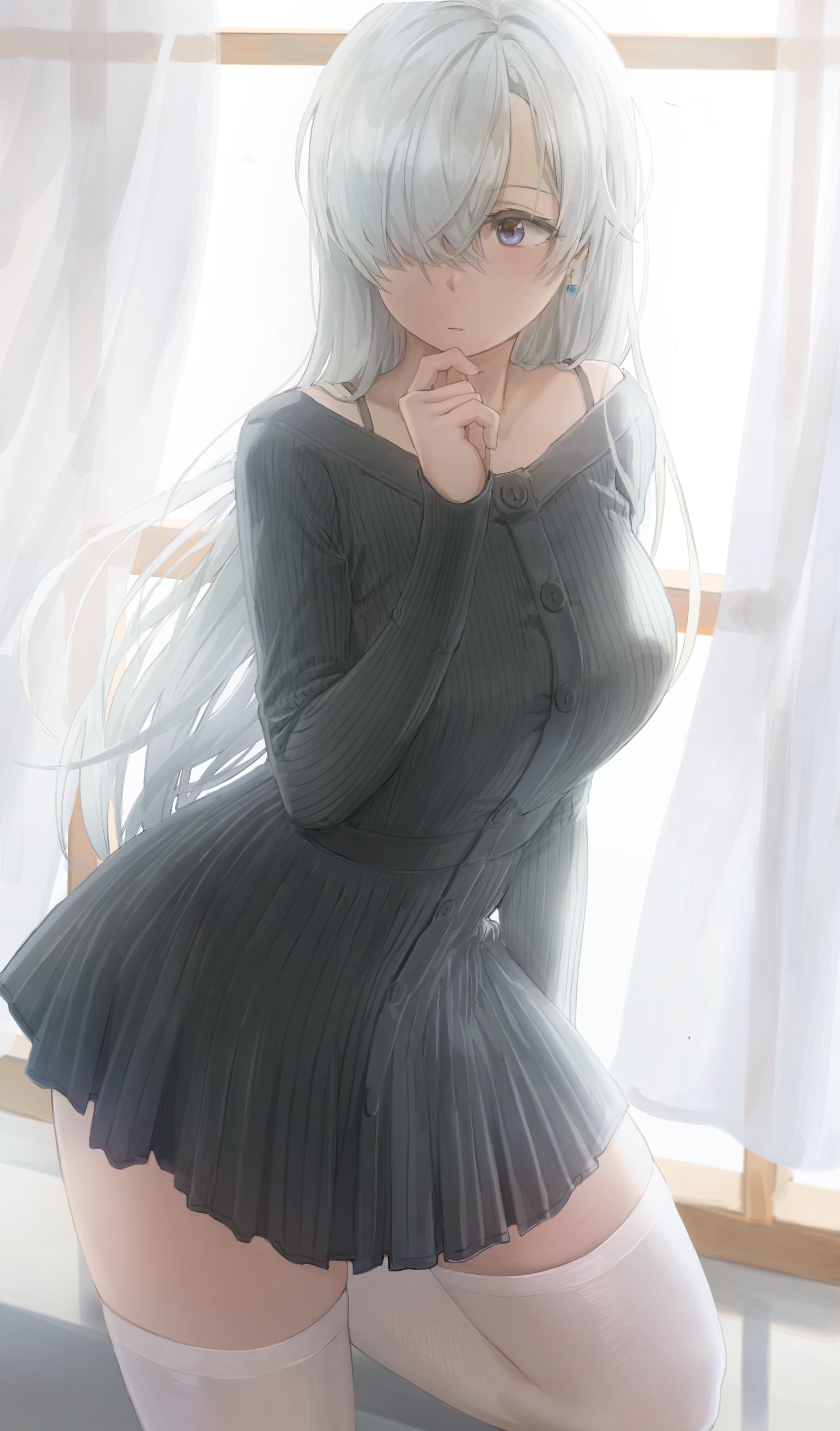 Elizabeth Liones in a black dress and white thigh-highs HD Phone Wallpaper