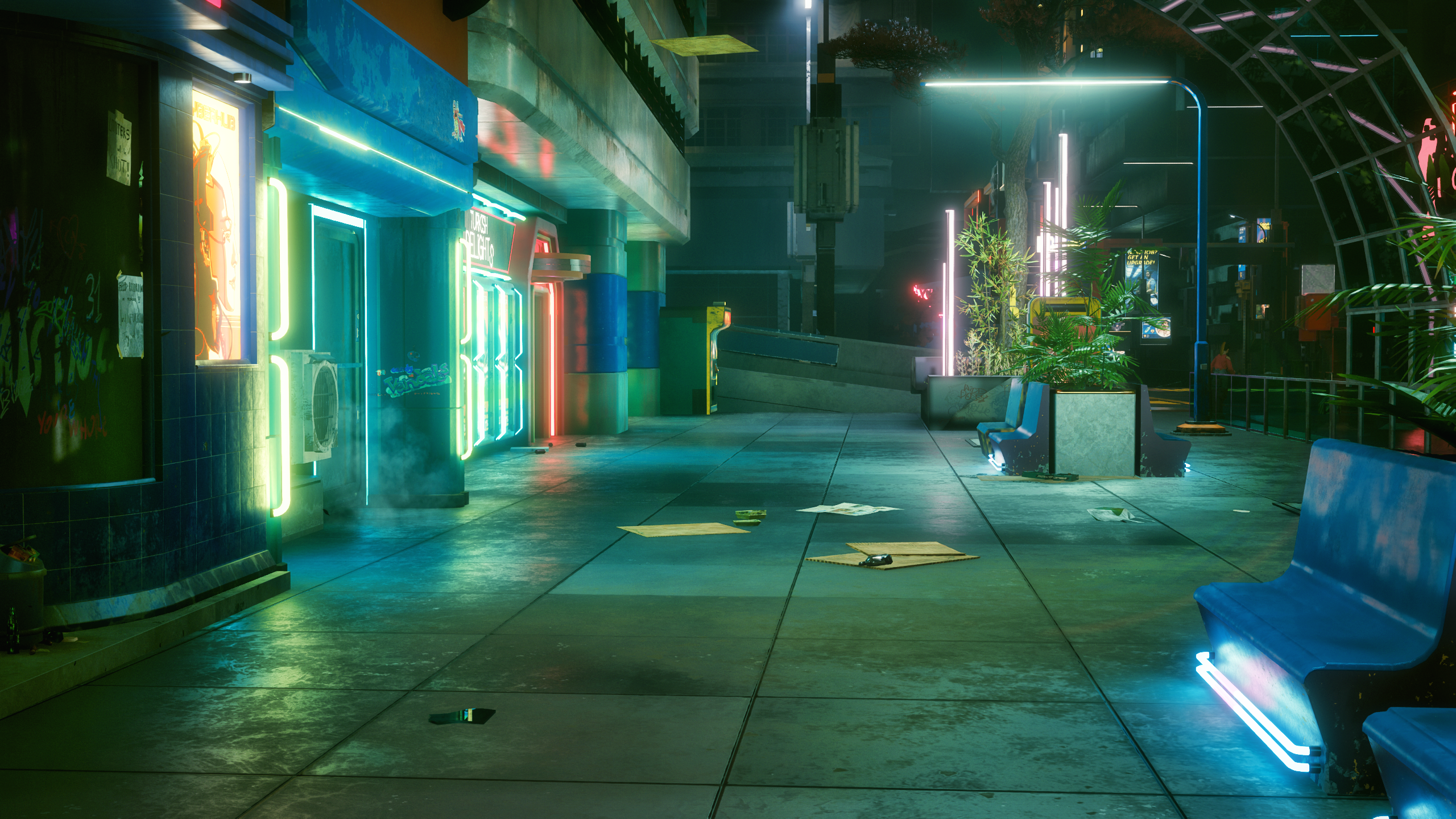 Cyberpunk 2077 street scene with neon lights HD Wallpaper