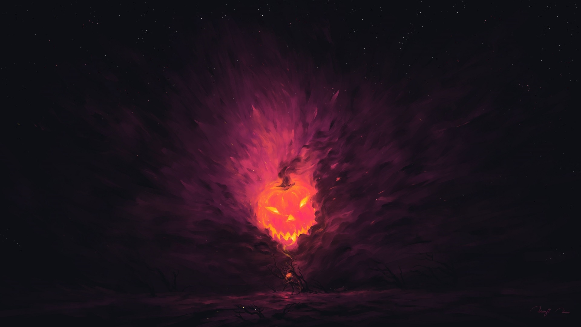 Jack O Lantern engulfed in pink smoke HD Wallpaper