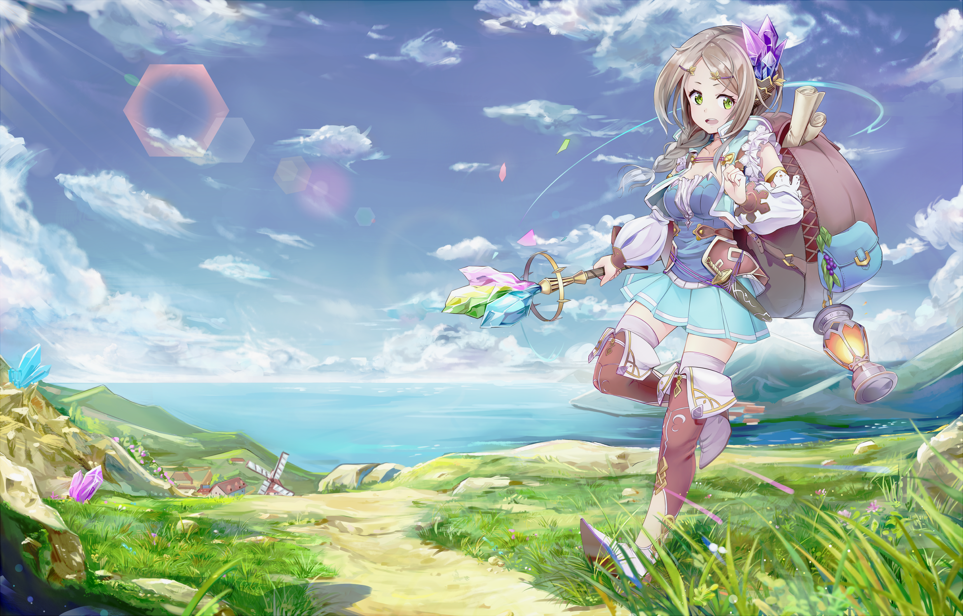 Girl with backpack and staff in a landscape HD Wallpaper