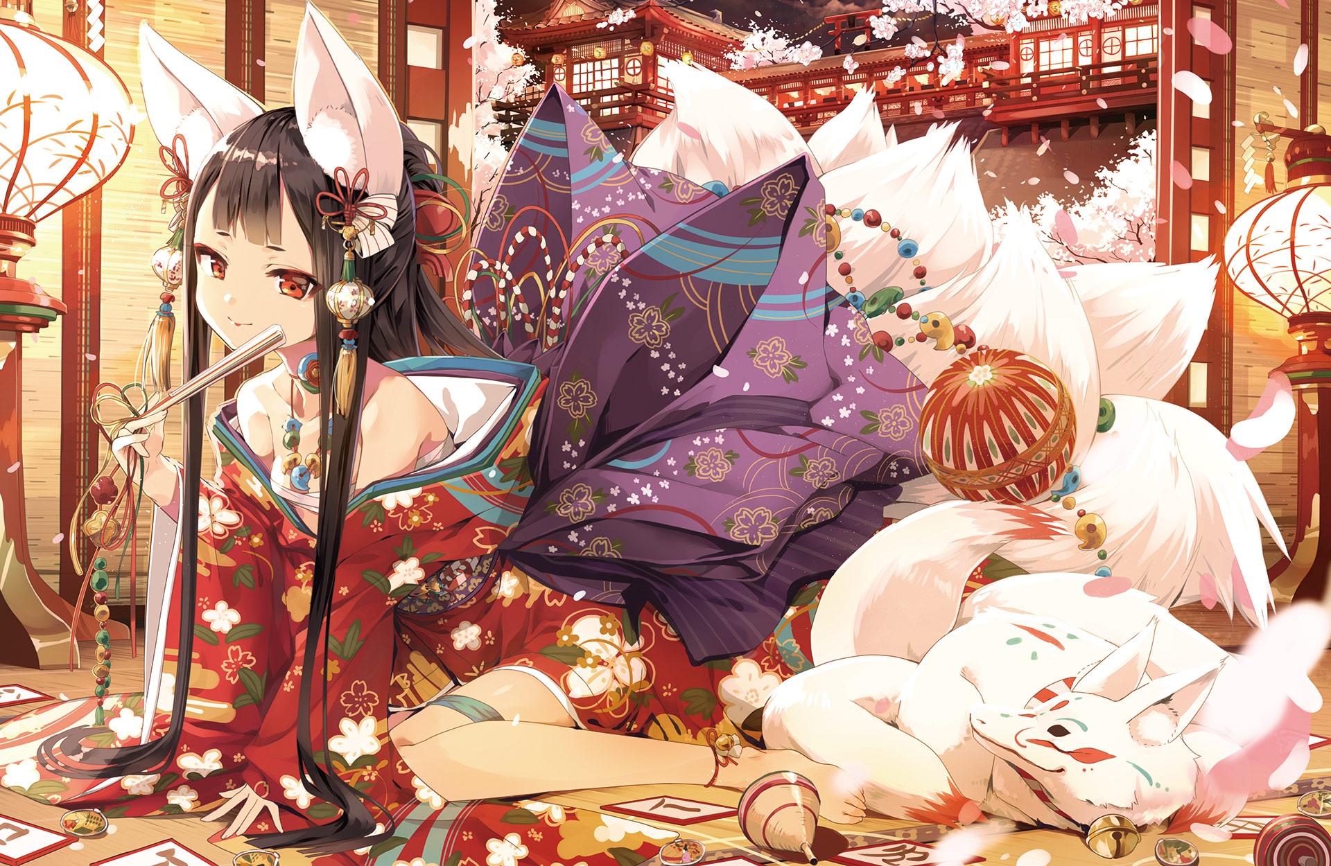 Fox girl in kimono with multiple tails and a fox companion HD Wallpaper