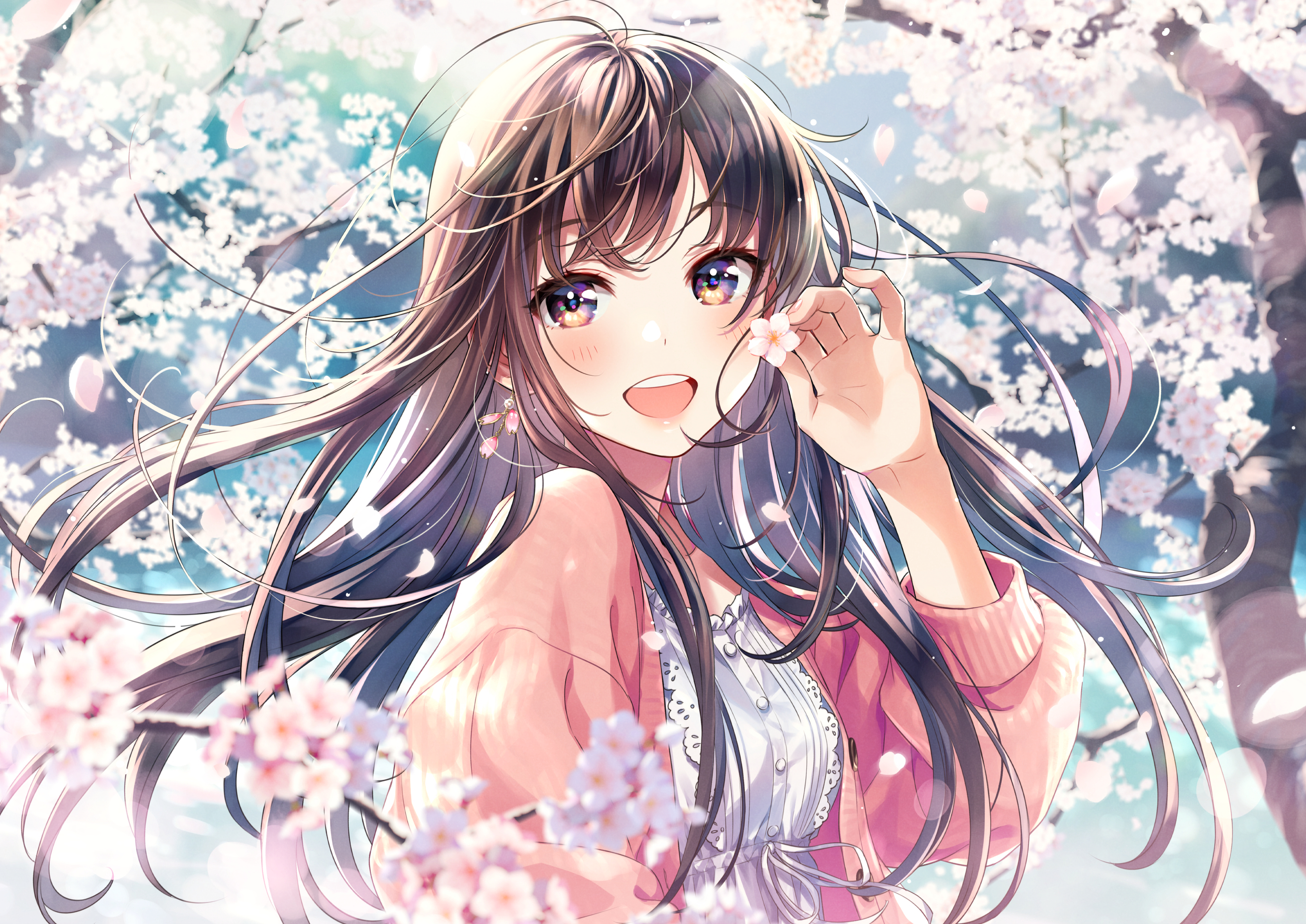 Morikura En's illustration of a happy girl with cherry blossoms HD Wallpaper