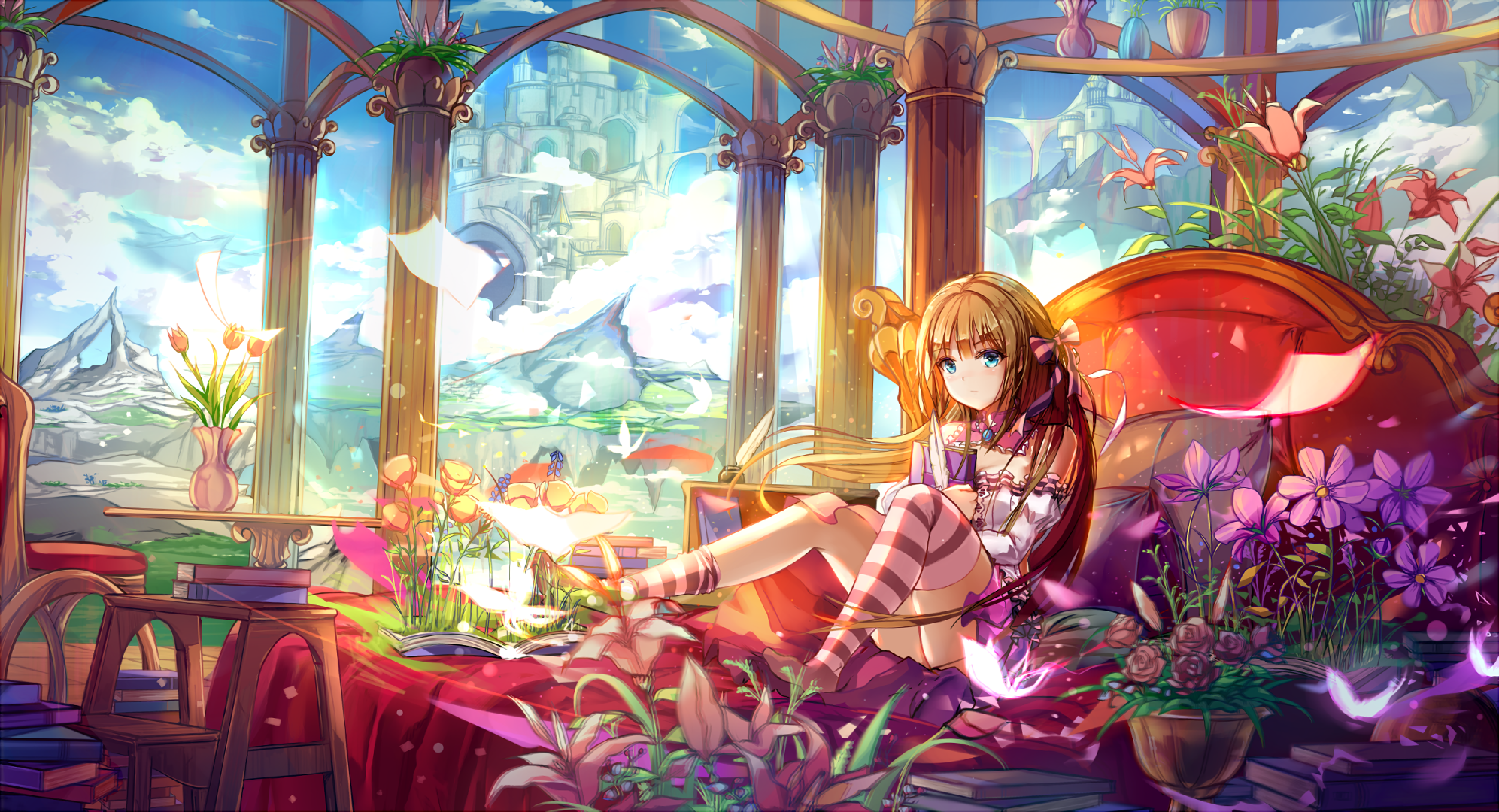 Artwork of a blonde girl with blue eyes in a castle HD Wallpaper