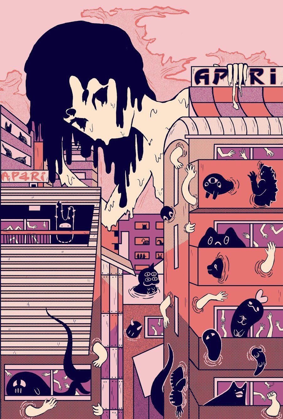Melting girl over apartment buildings with creatures HD Phone Wallpaper