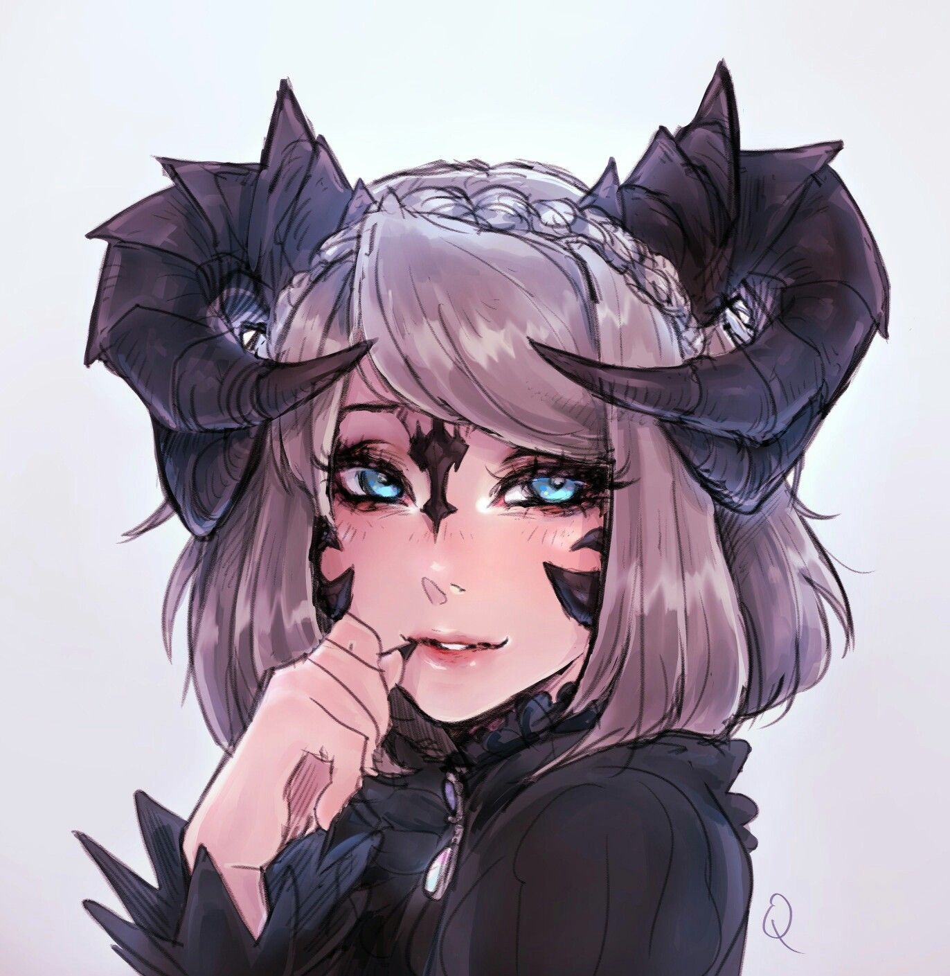 Anime girl with horns and blue eyes HD Wallpaper