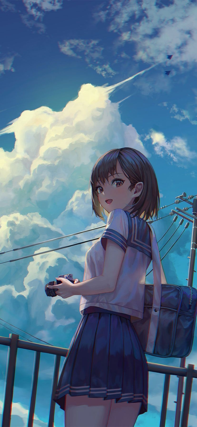 Girl in sailor uniform holding a camera under the sky HD Phone Wallpaper