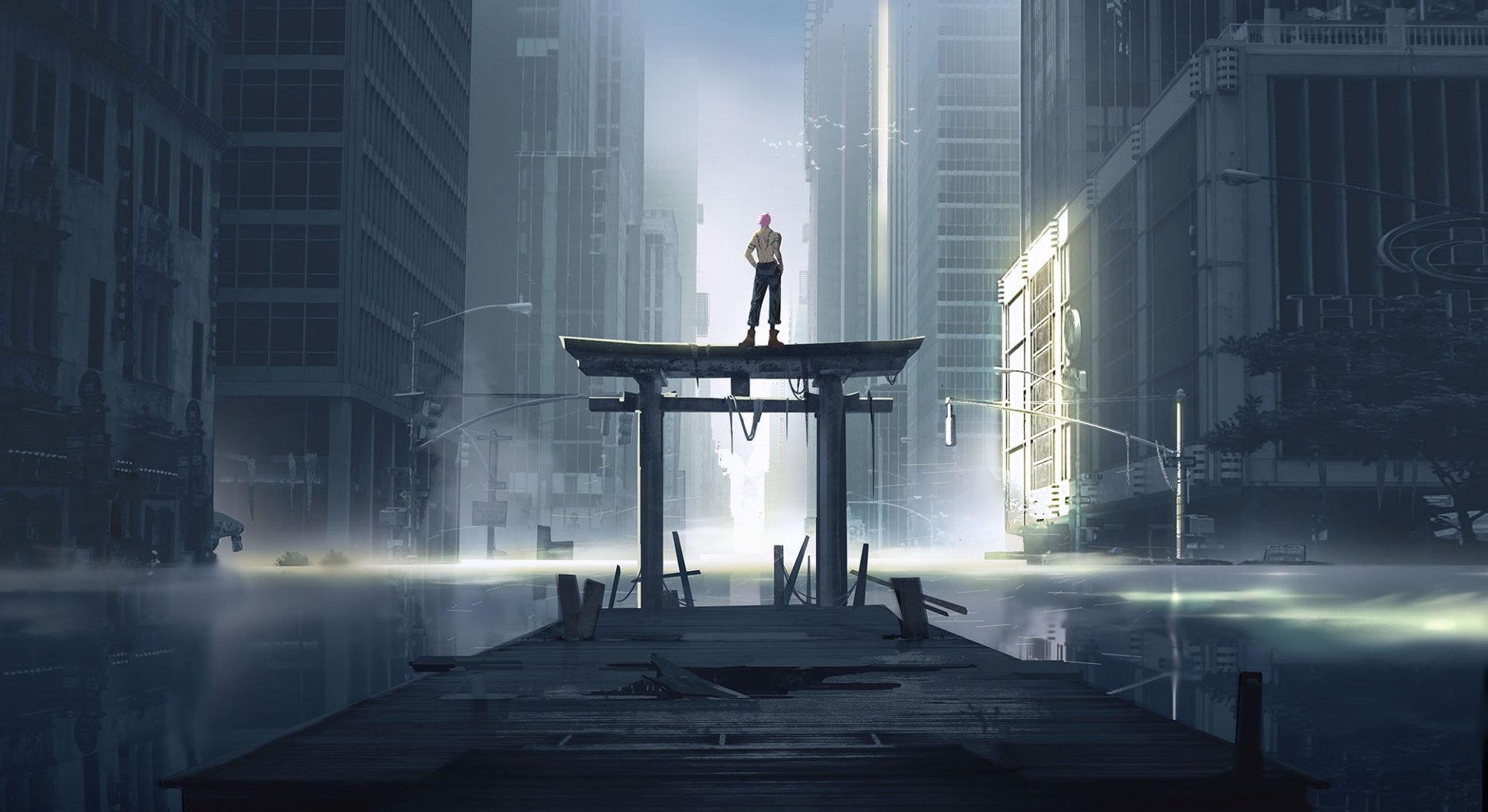 Sukuna stands on a torii gate in a flooded anime city HD Wallpaper