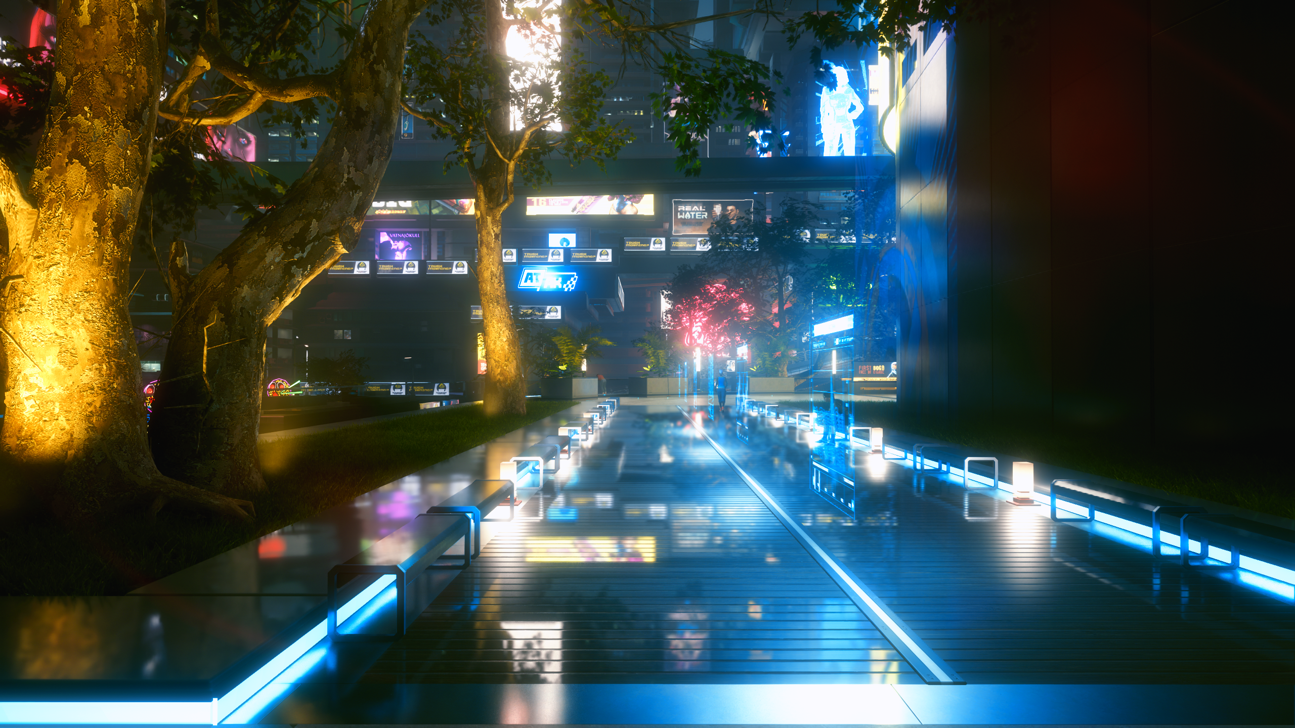 Cyberpunk 2077 night scene with neon lights and trees HD Wallpaper