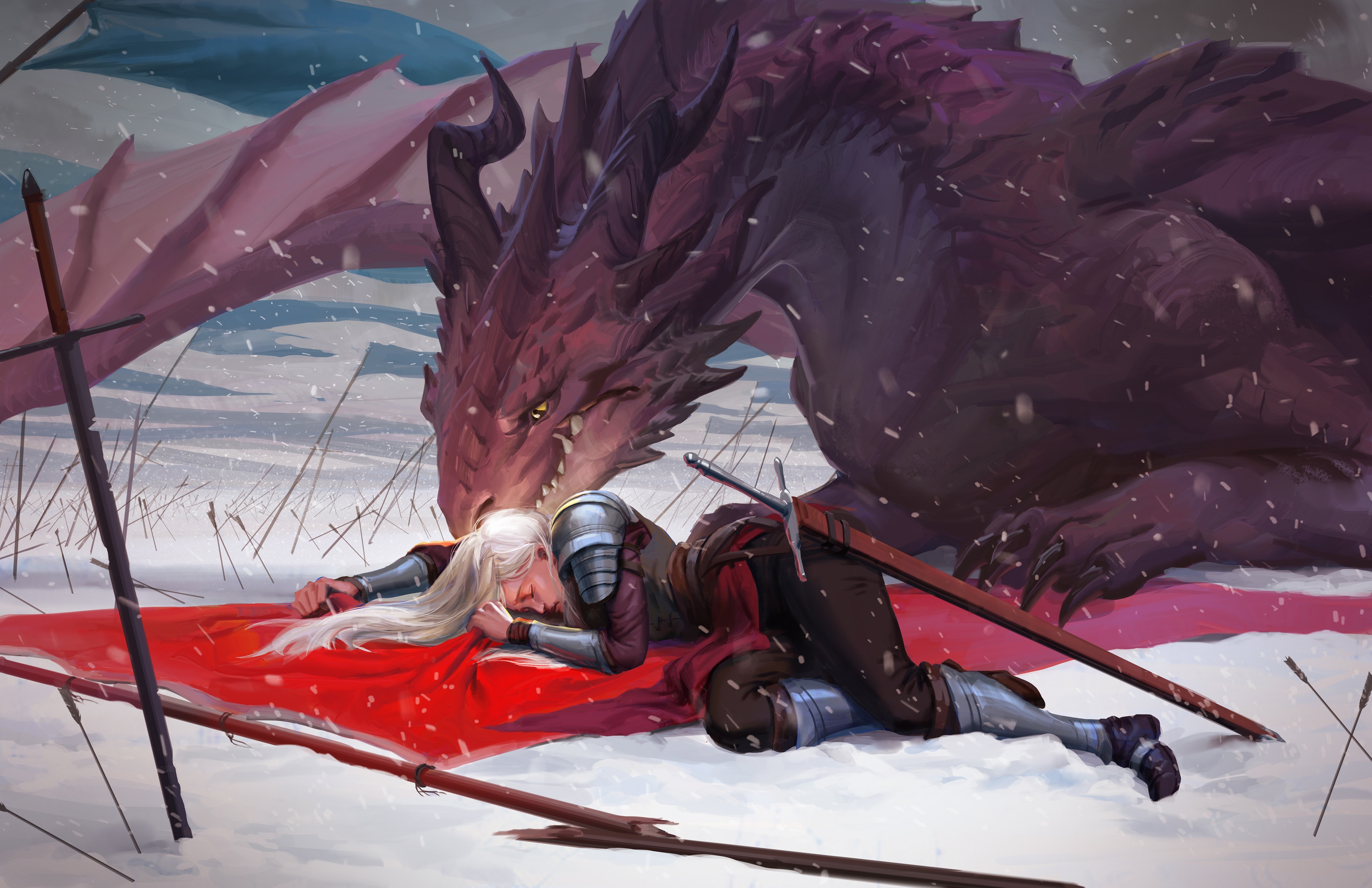 Dragon and fallen warrior in snow HD Wallpaper
