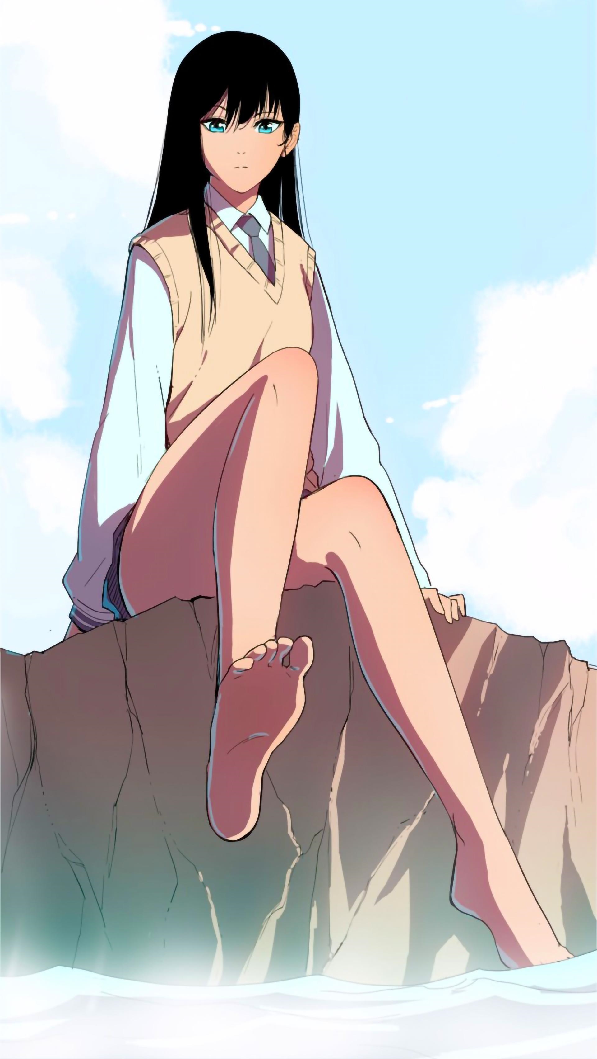 Girl in school uniform sitting on rocks near water HD Phone Wallpaper