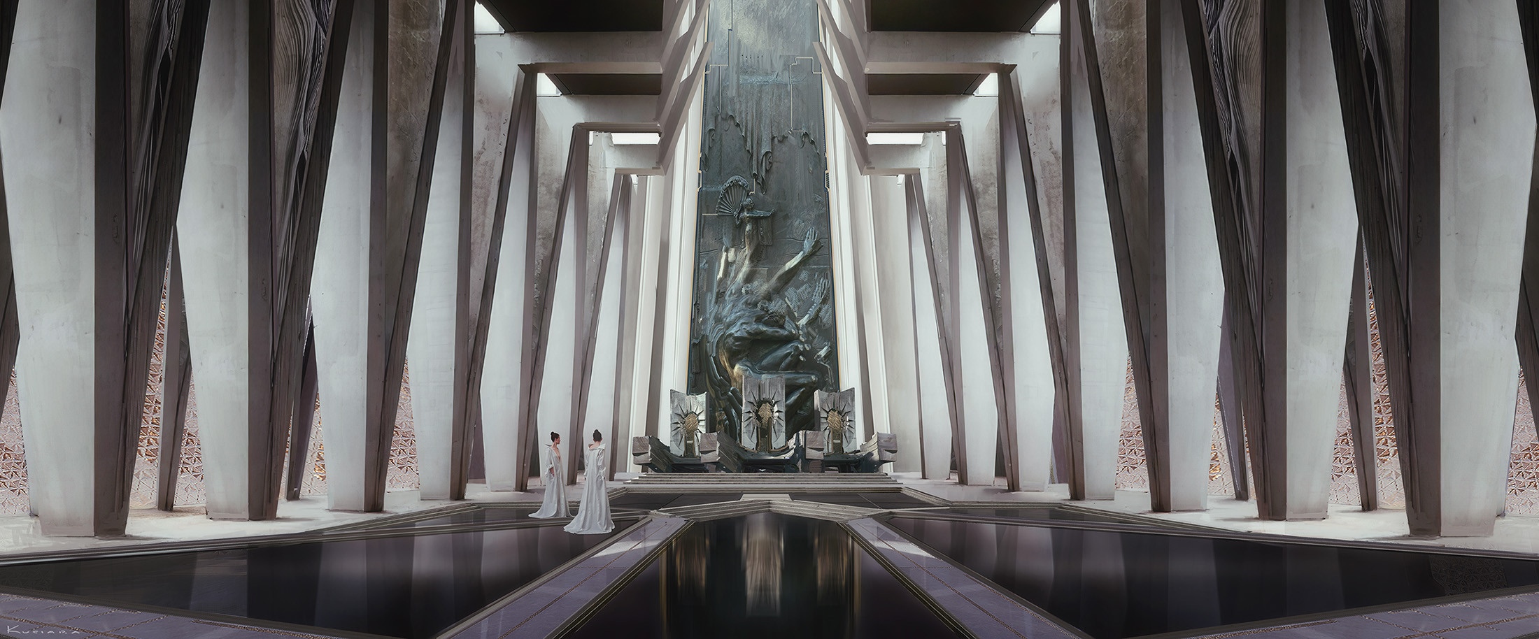 Throne Room with two figures in white robes HD Wallpaper